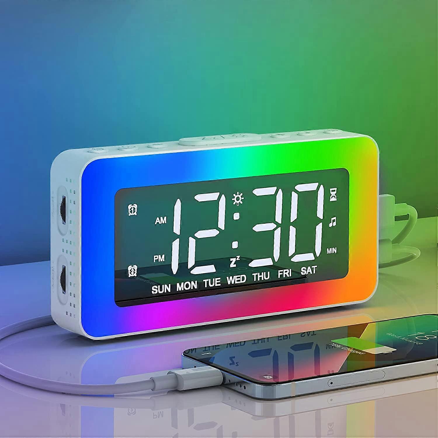 Snooze Function Alarm Clock: Loud Alarm Clock With 7 Distinct Tones, Color Changing Night Lights, Sleep Aid, USB Charger, Battery Backup (12/24Hr