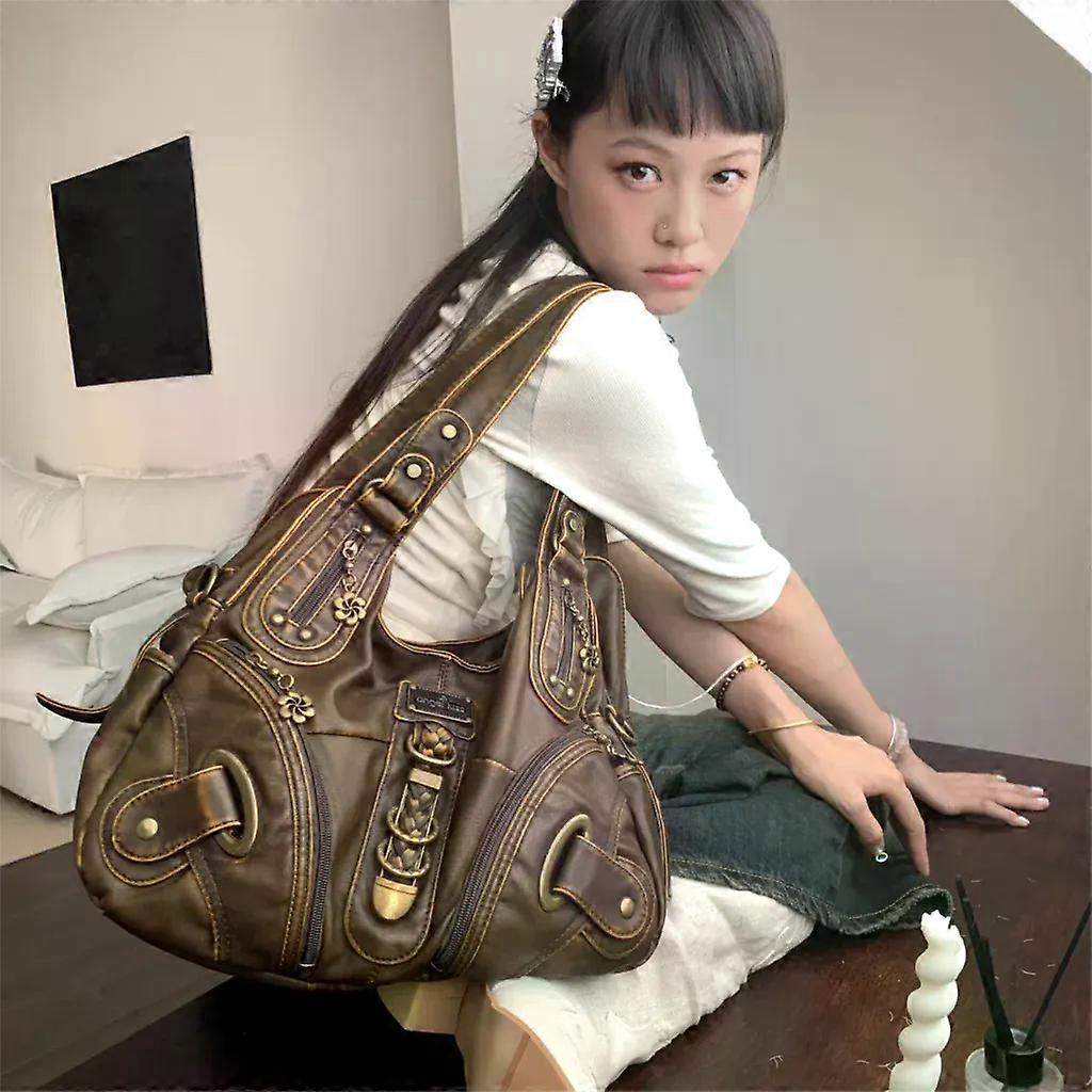 Unbrand Vintage Brown Y2k Sac à main Femmes Rétro Subculture Cuir Grande Capacité Sacs à bandoulière