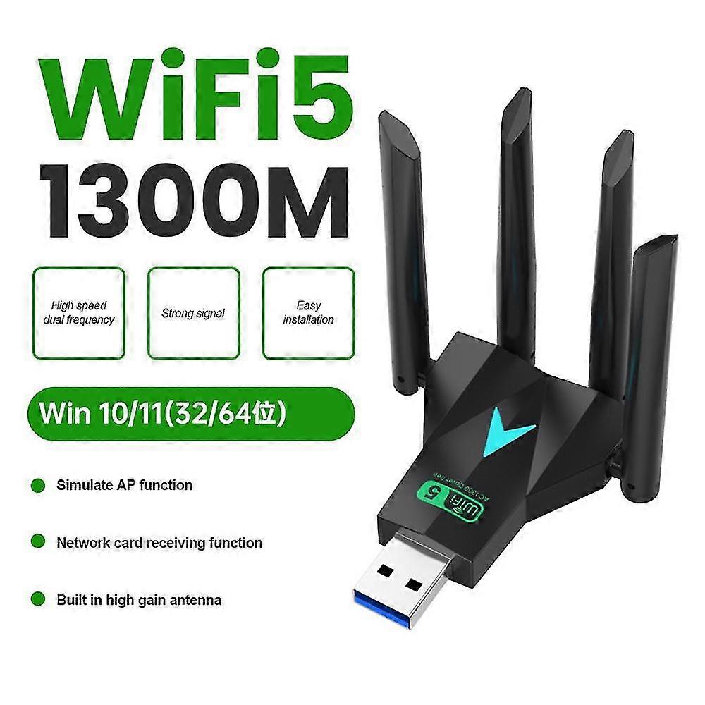 Dual Band 2.4GHz/5GHz Wireless WiFi Dongle with 1300Mbps USB 3.0 Adapter and Built-in Antenna for Laptop/PC Ethernet Network Card Driver Included