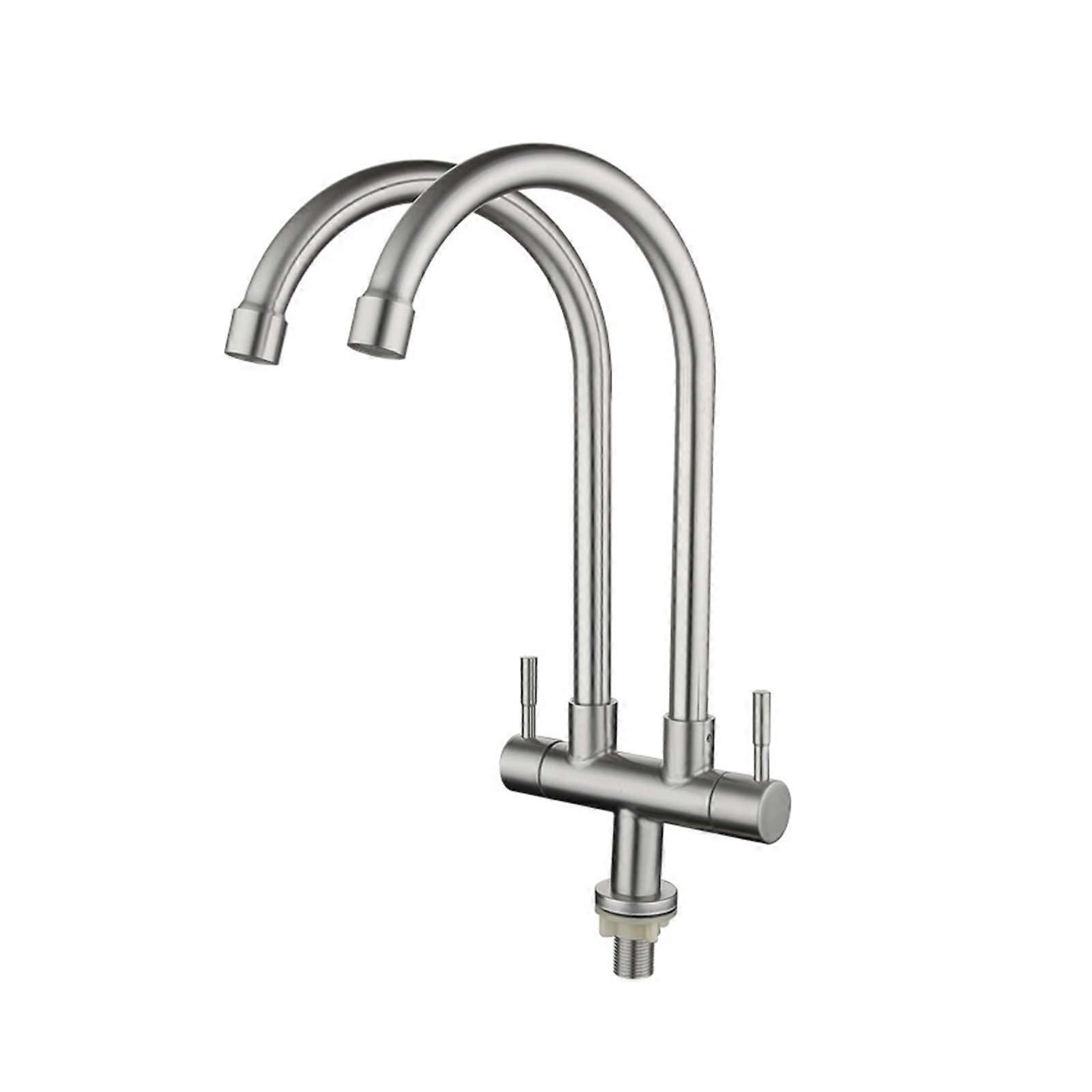 Kitchen Double Outlet Faucet 304 Stainless Steel Single Cold Double Pipe Tap Universal Rotating Sink Faucets (Color : A)