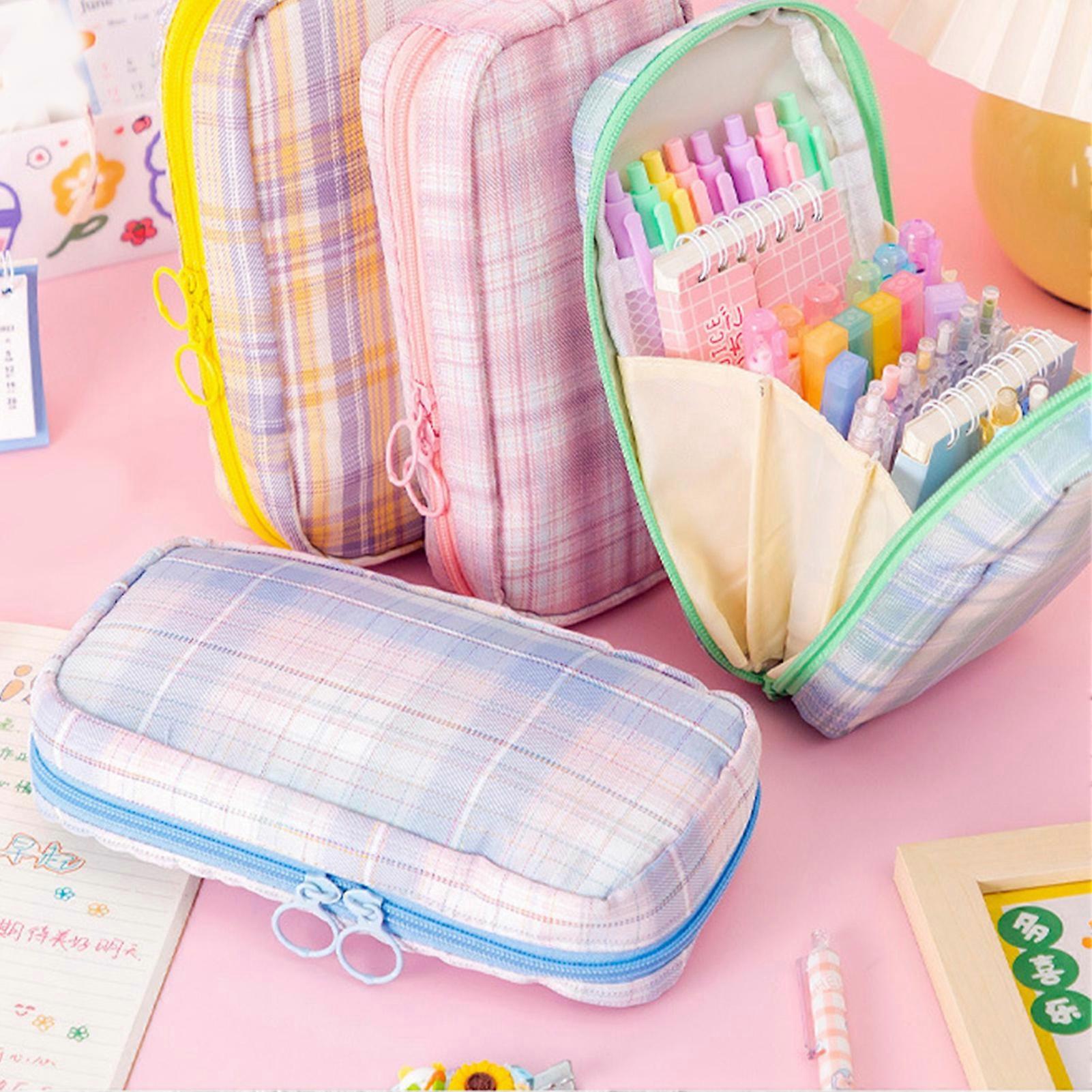 Large Canvas Pen Bag with Mesh Pockets, Plaid, Whale Design