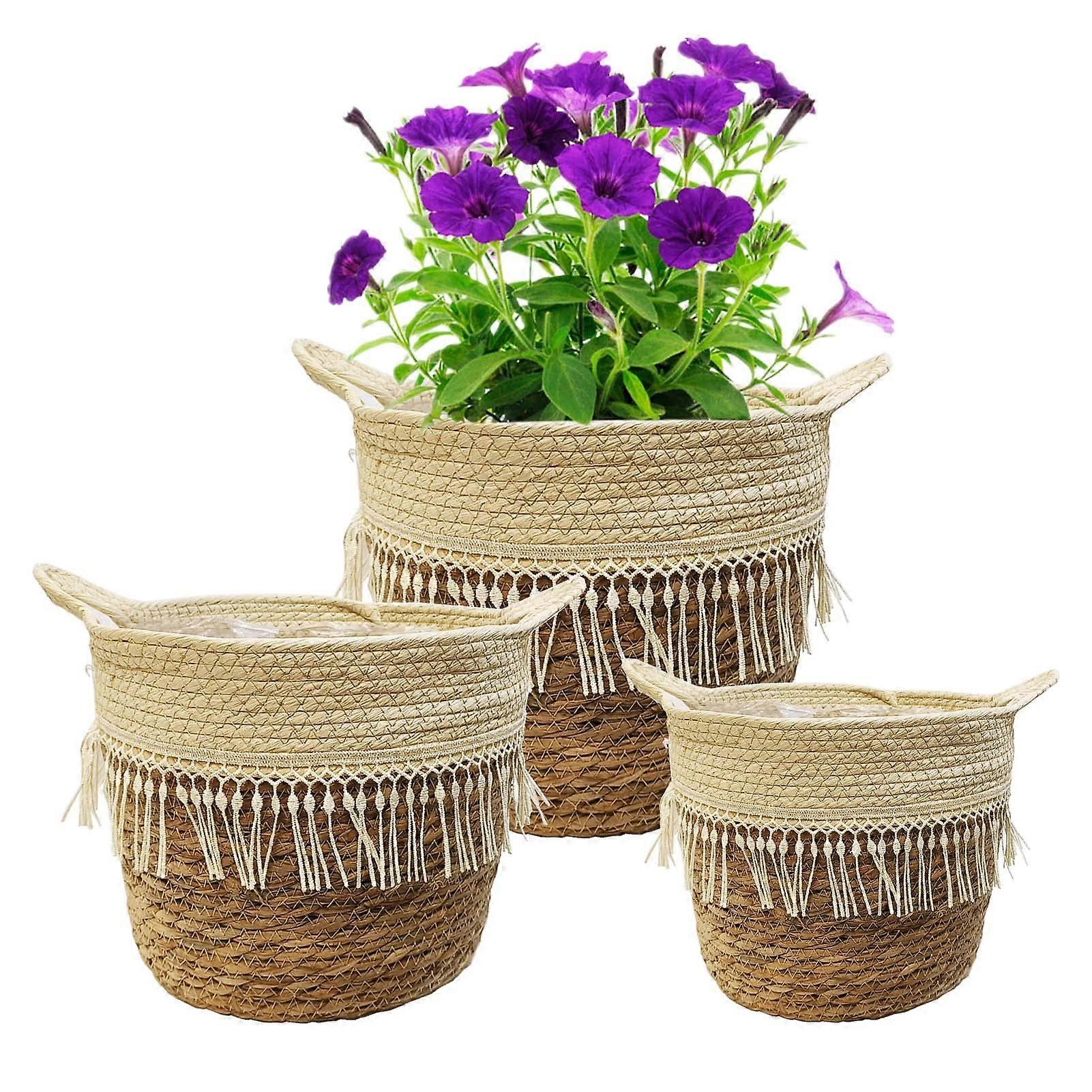 3 x Plant Basket, Flower Pot, Sea Grass Planter, Boho, with Lining Hcl4