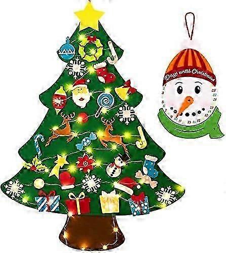 3ft DIY Lighted Felt Christmas Tree Set Plus Snowman Advent Calendar - Xmas Decorations Wall Hanging 33 Ornaments Kids Gift with String Light (Batteri