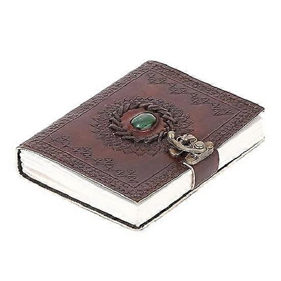 Real Leather Green Stone Brown Embossed Handmade Diary with Metal Lock -Size of (H) 6*(L) 4.5 Brown