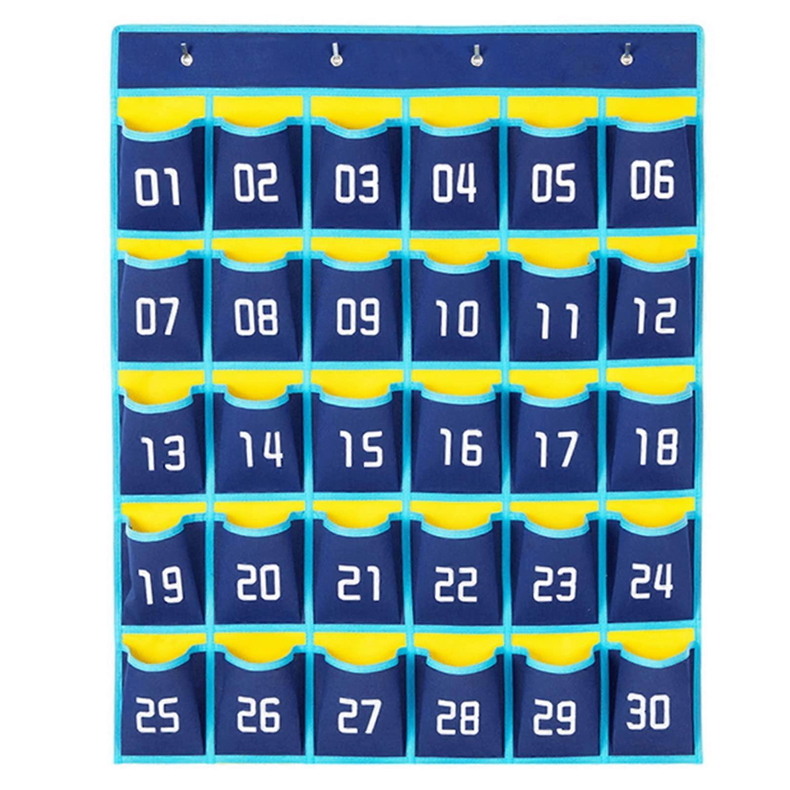 Numbered Storage Bag For Classroom With 30 Pockets And Mobile Phone Pockets, Yellow, Includes 4 Adhesive Or Door Hooks