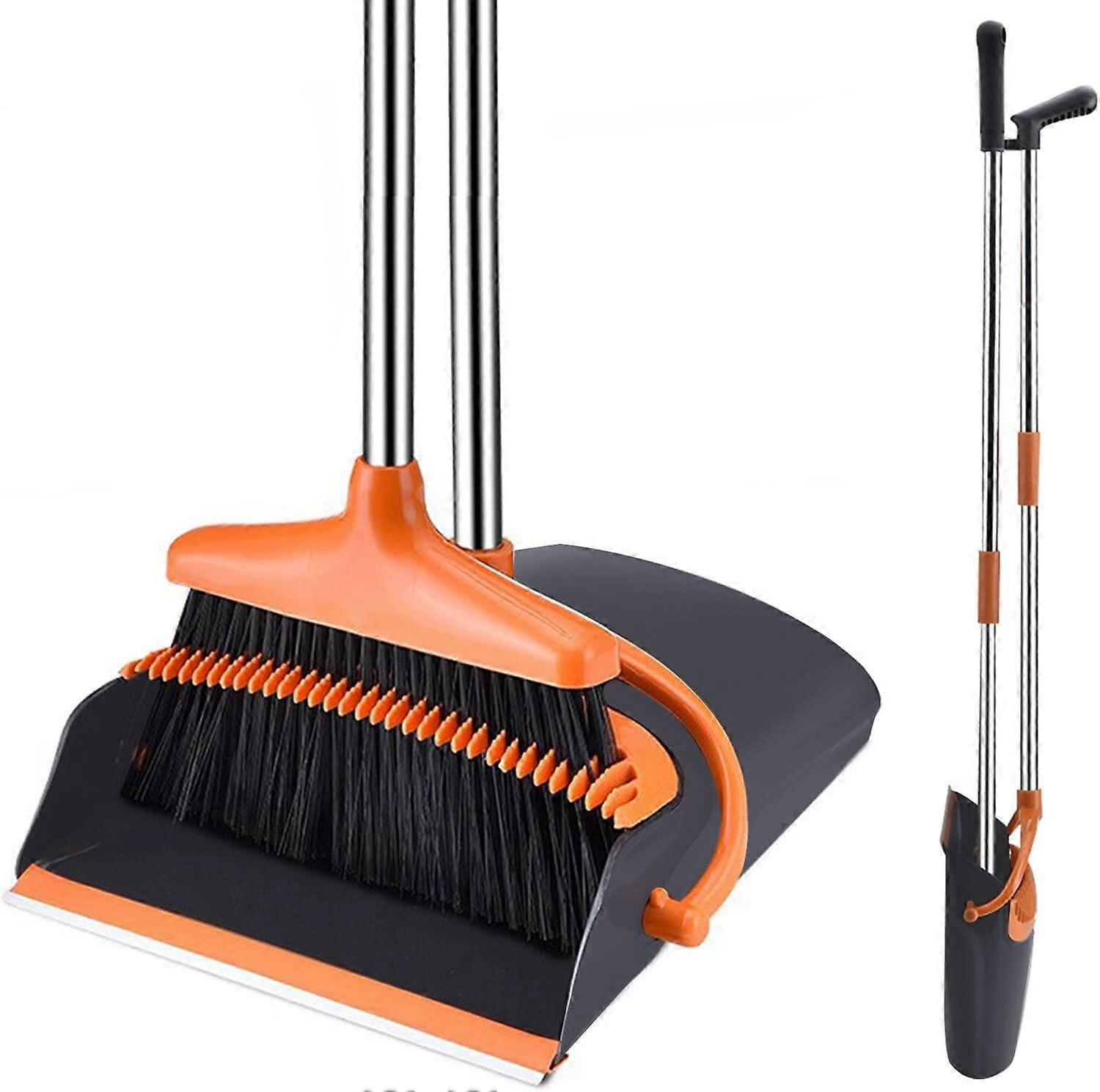 Broom and Dustpan Set with 137 cm Long Handle for Floor Cleaning (Orange)