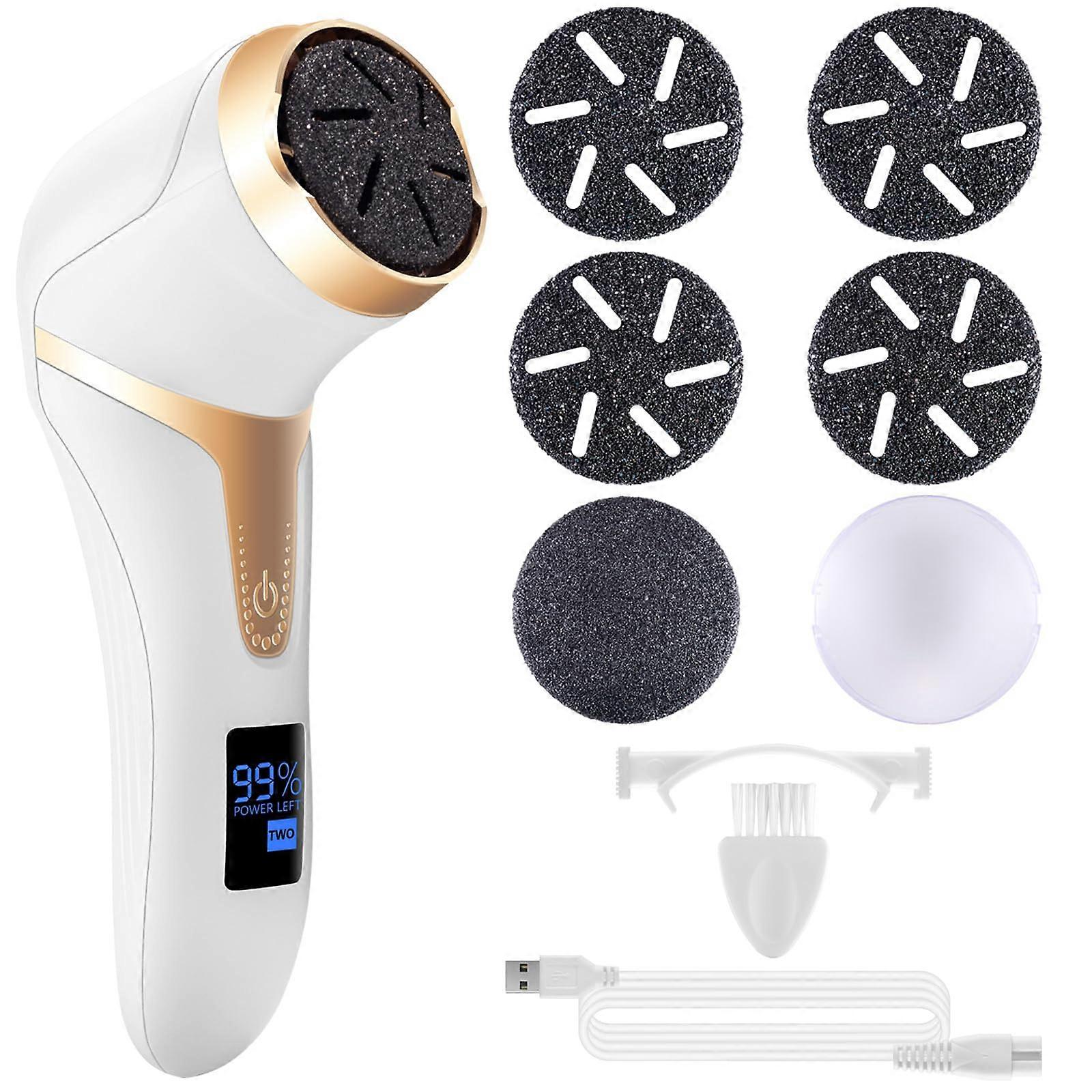 Electric Foot File Callus Remover Rechargeable for Dry Dead Skin with 5 Replaceable Heads, White Pedicure Tool