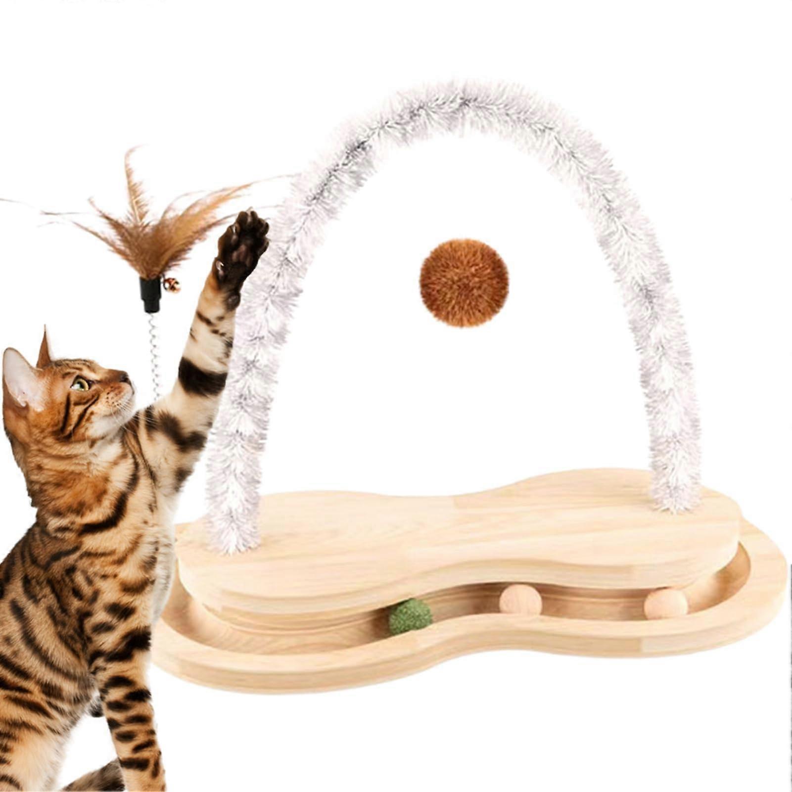 Katzenkratzer Cat Scratcher With Ball, Wooden Arc Scratch Toy With Rotating Plate, Indoor Pet Enrichment for Cats