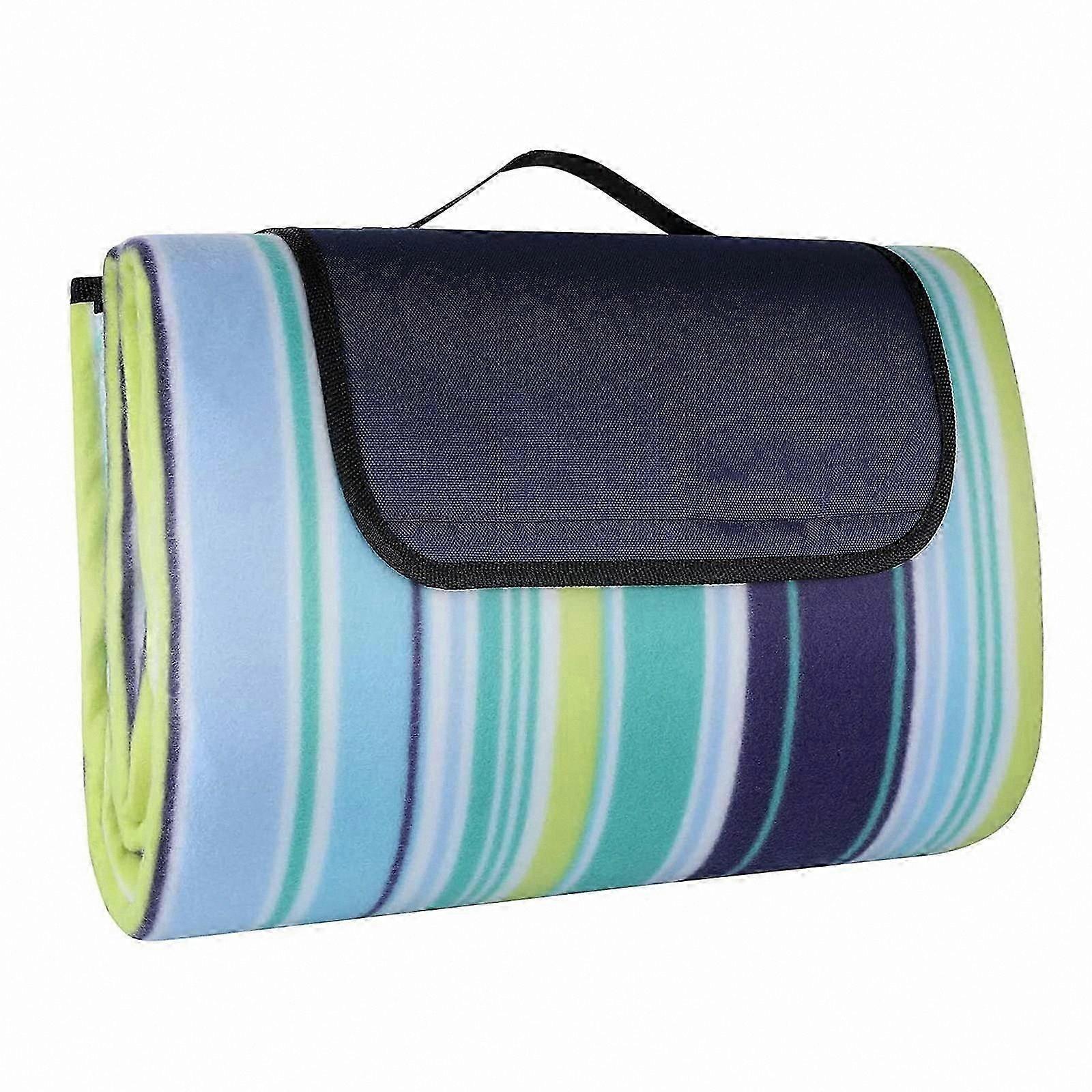 Waterproof Beach Blanket with Sand Resistance, 200 x 200 cm, 3-Layer Design, Portable with Carry Handle, Blue Vertical Stripe Pattern