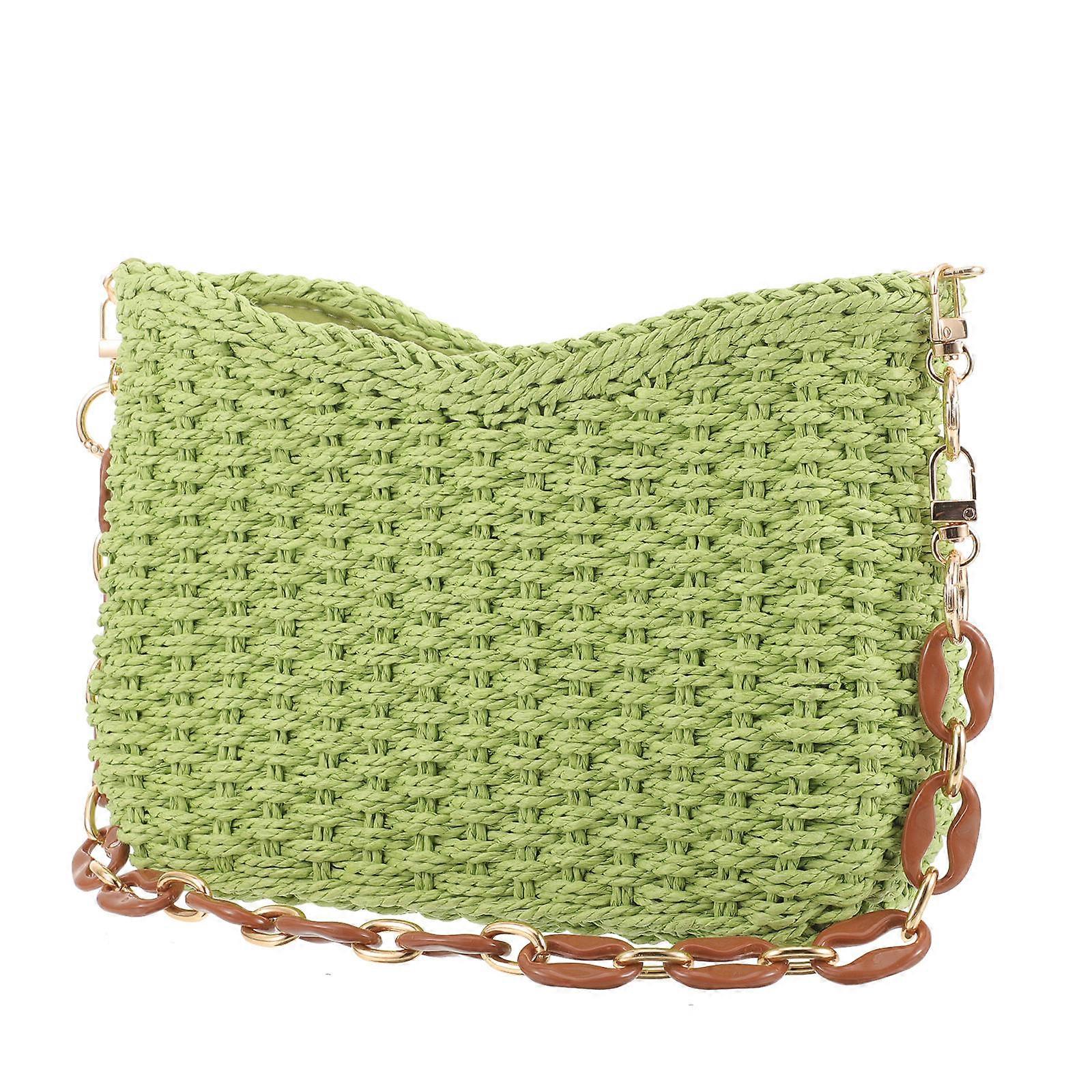Woven Shoulder Bag For Women Summer Beach Vacation Light Green Simple Design 1Pack