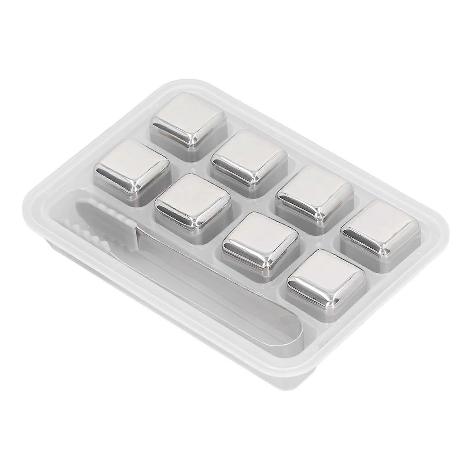 Whiskey Stones Set of 8, Reusable Stainless Steel Ice Cubes with Tongs and Storage Box for Wine Chiller