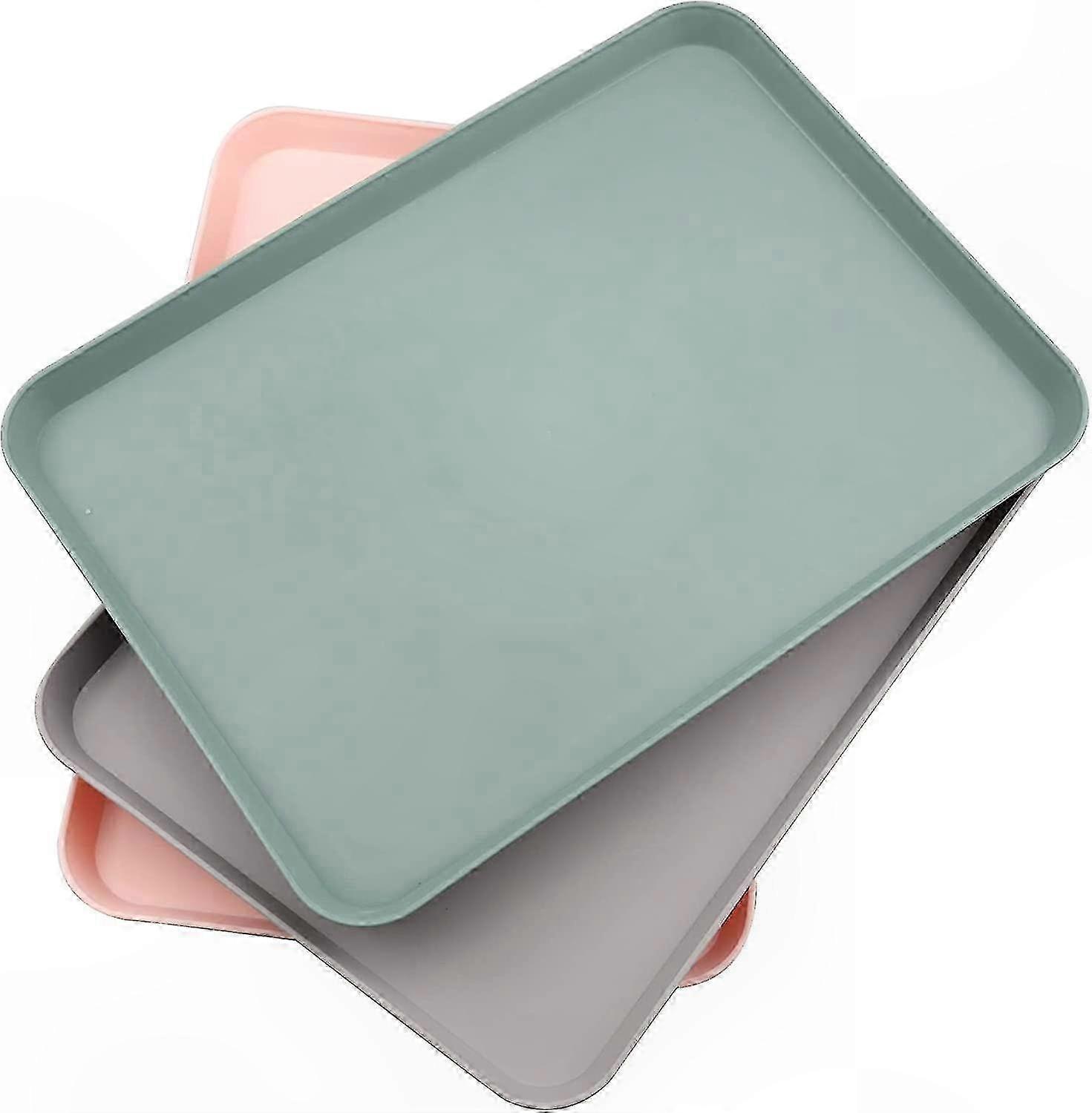 Set of 3 Small Rectangular Plastic Trays for Kitchen, Dining, or Cafe Use (Pink, Grey, Grey-Green)