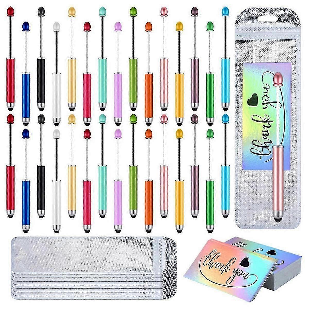 90 Pcs Beadable Pens Kit, Include 30 Pcs 2 in 1 Plastic Stylus Beadable Pens 30 Pcs Foil Thank You Cards with 30 Pcs Bag