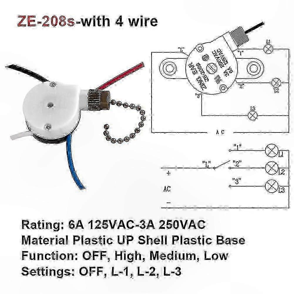 3-Speed 4-Wire Ceiling Fan Pull Chain Switch Replacement, Durable Design for Easy Operation and Reliable Performance