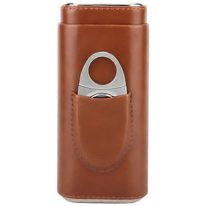 Portable Leather Cigar Case With Cedar Wood Cigar With Cutter (For 3 Cigars Brown)-Gua