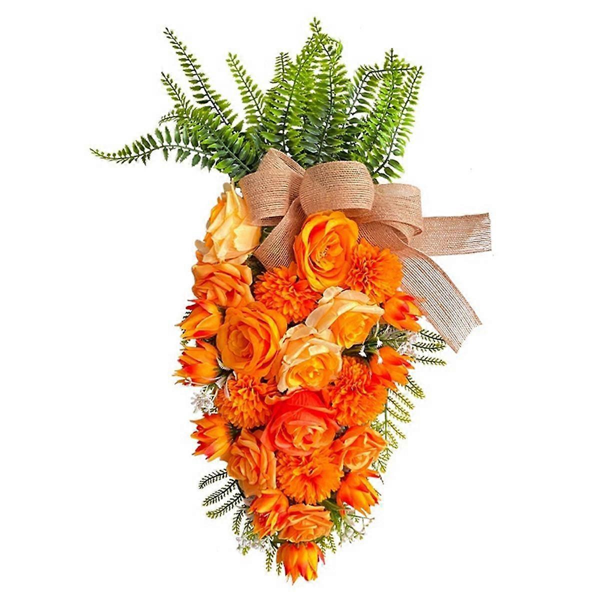 Easter Carrot Wreaths for Front Door, Artificial Easter Wreaths with Green Leaf Bow, Farmhouse Wrea