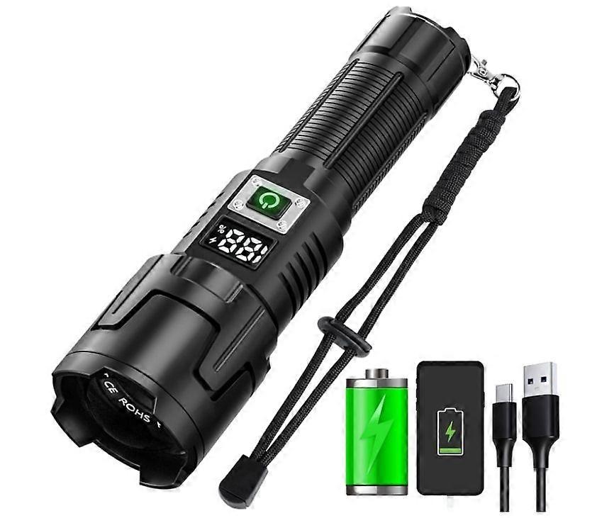 Rechargeable High Lumen LED Flashlight, Super Bright High Power Flashlight with LCD Digital Display, Zoomable, 3 Modes, IPX6 Waterproof(Black)