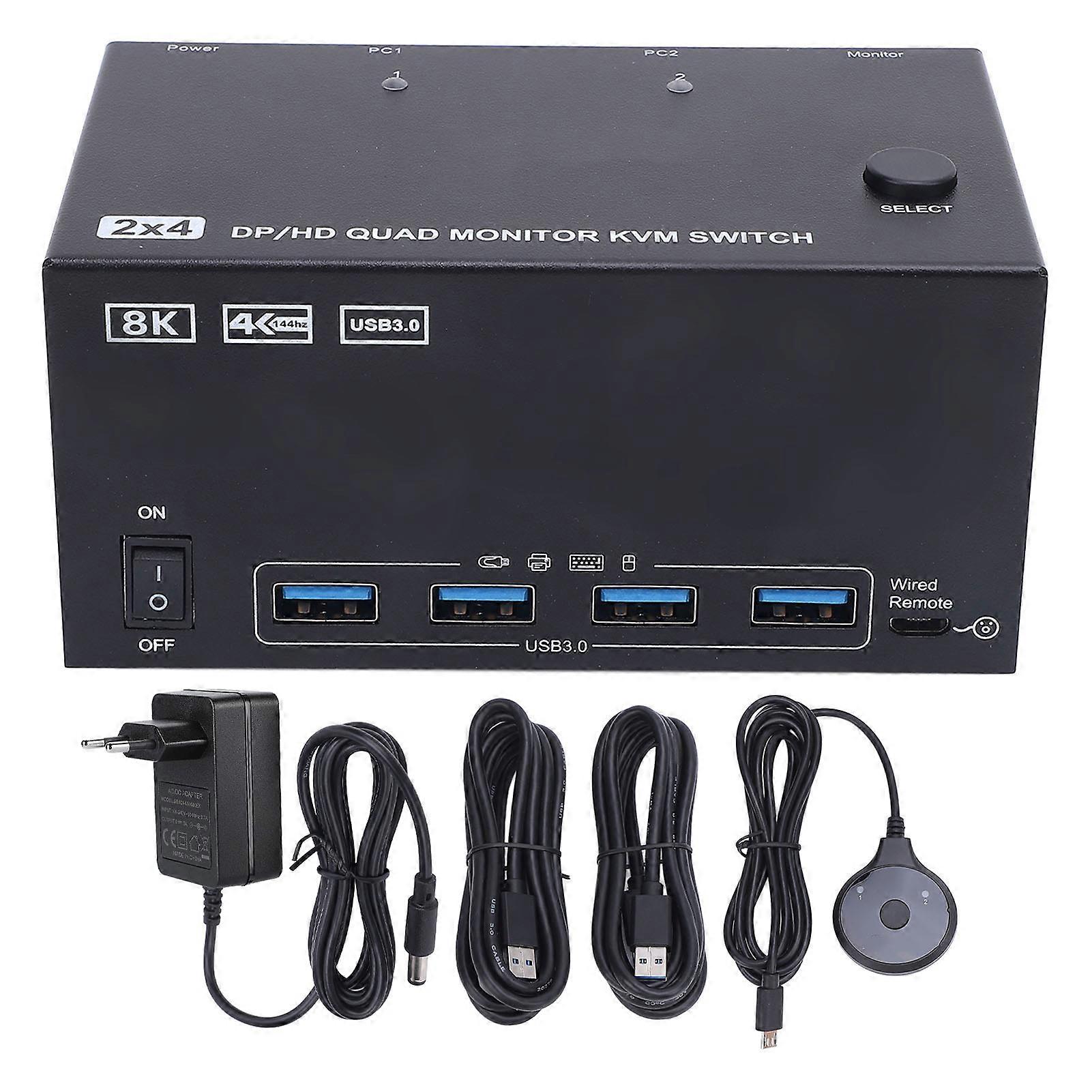 KVM Switch 4K 144Hz DisplayPort 8K 60Hz for 4 Displays 2 Computers with USB 3.0 Ports