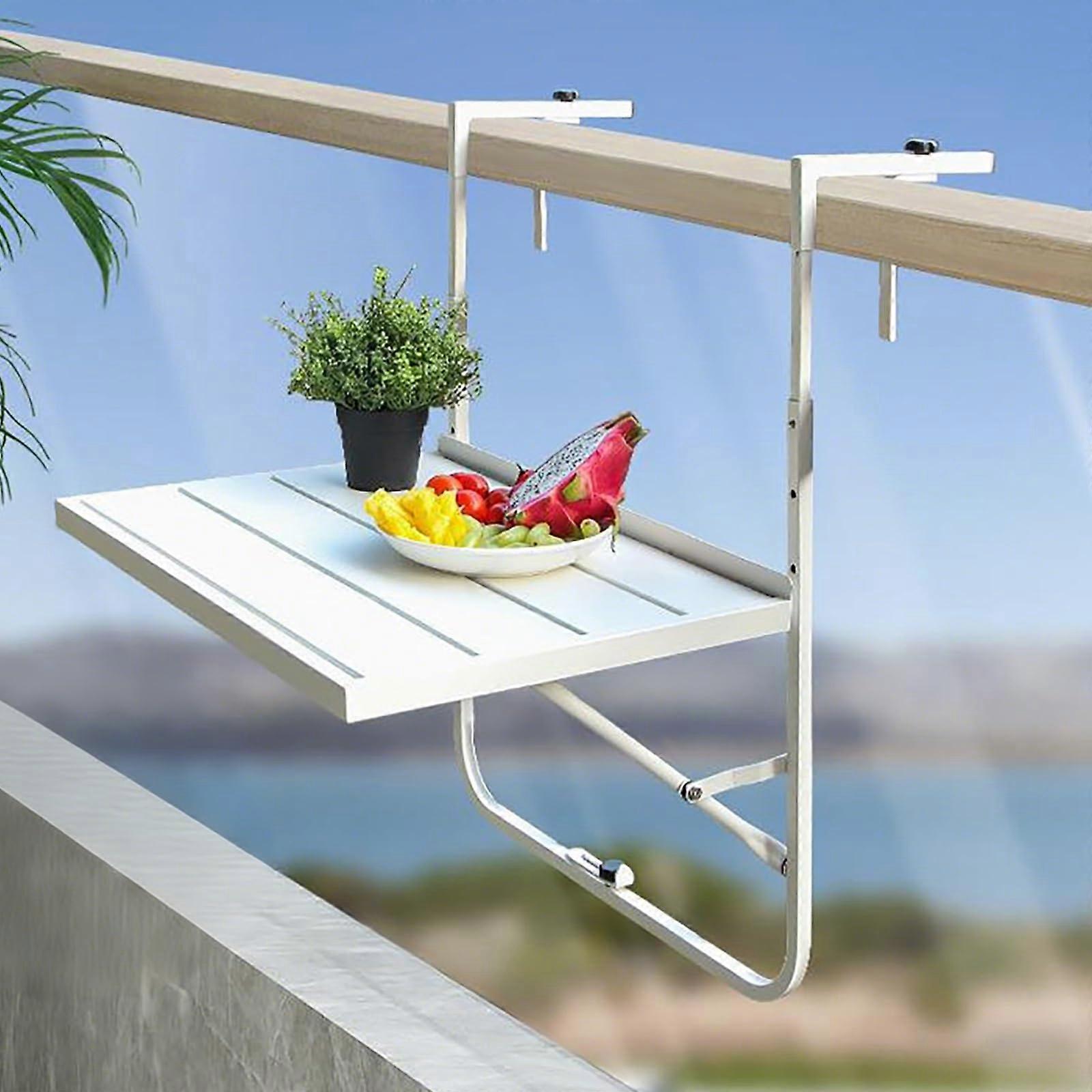 Outdoor Large Folding Balcony Table For Railing White, SpaceSaving FoldDown Desk, Hanging Baluster Deck Patio