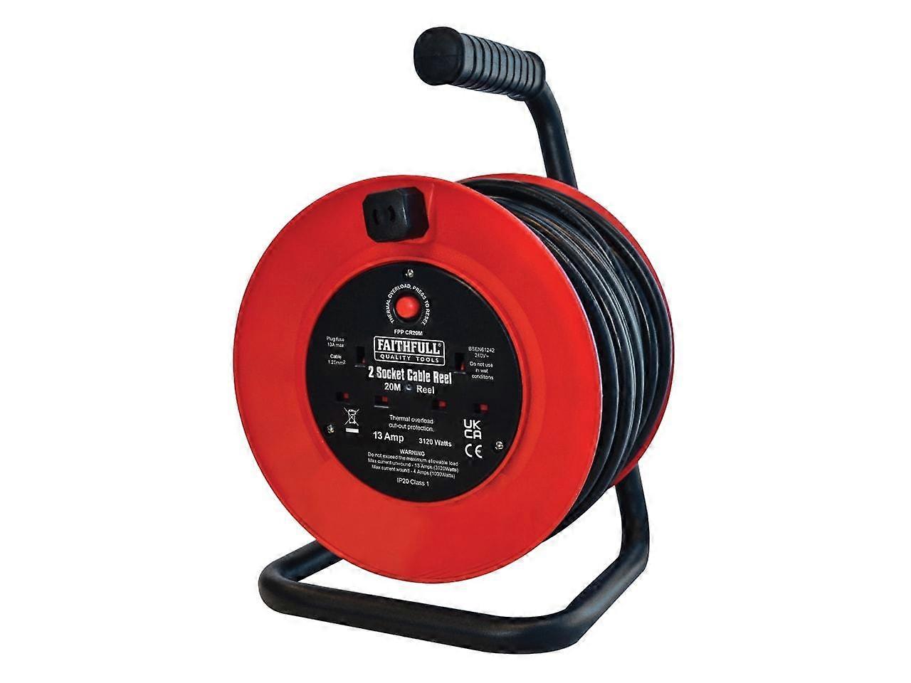 Faithfull Open Drum 20M Cable Reel 240V 13A 2-Socket