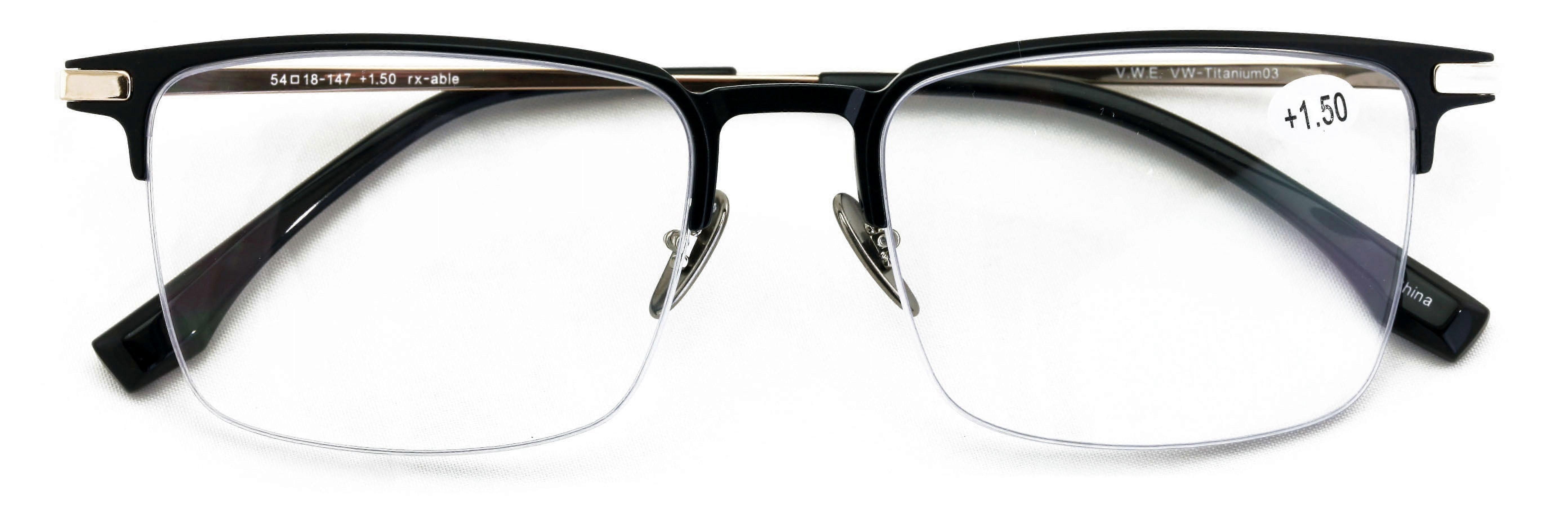 Men Aluminum Optical Frame Wide Fitment Rectangular Reading Glasses with Titanium Temple Half Rimless 145MM Ti03 +3.25