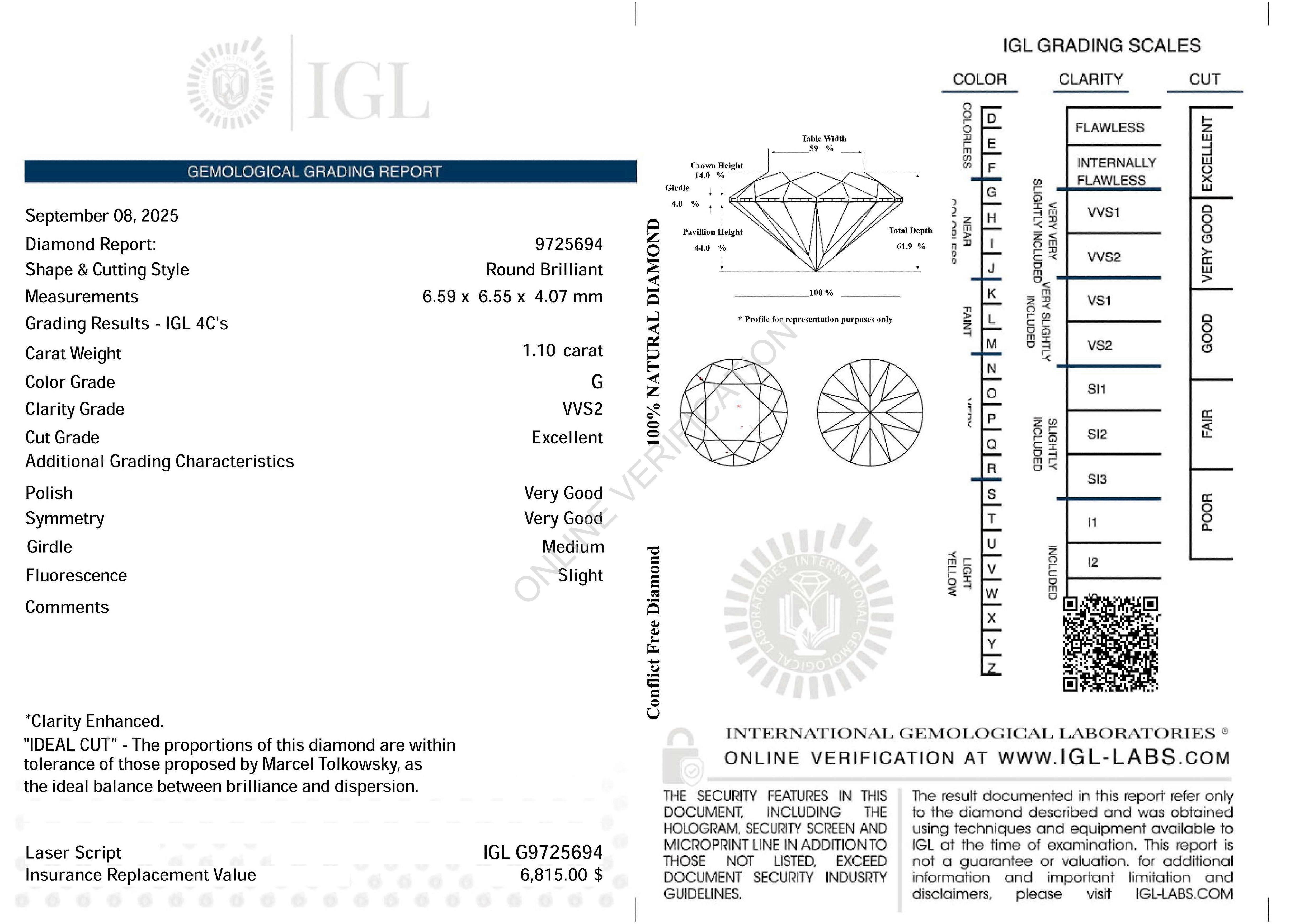 Certified 1.10 Carat G VVS2 Round Brilliant Natural Enhanced Loose Diamond 6.59m