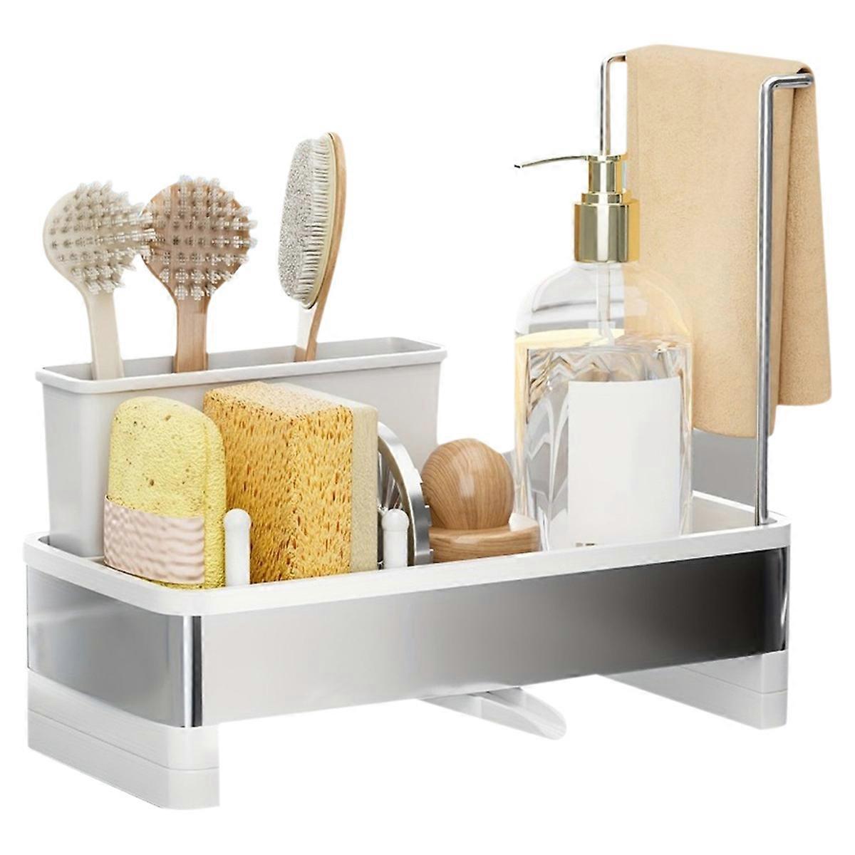 Stainless Steel Sponge Rack with Drain - Multi-Functional Kitchen Bath Storage Box for Cleaning Sup