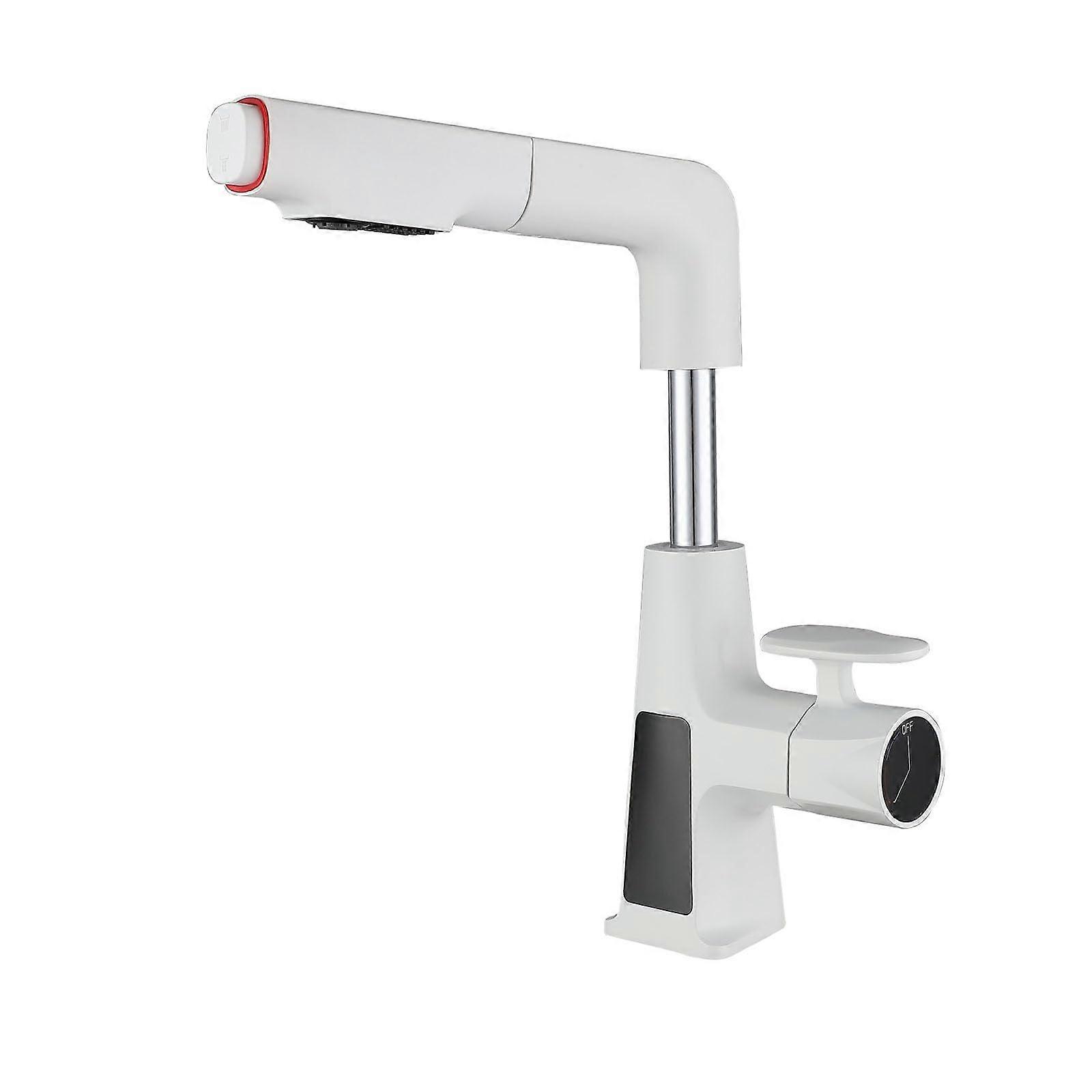 Bathroom Tap Pull Out Sprayer 2 Modes LED Temperature Display 360 Degree Swivel Single Hole Liftable Laundry Tap White