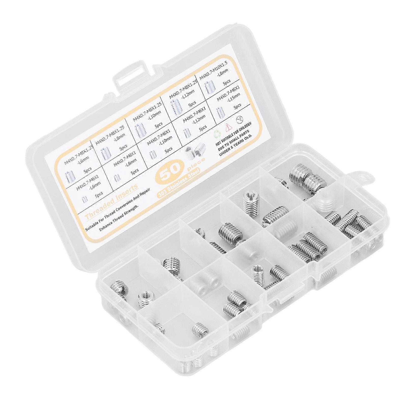 50Pcs Threaded Inserts 303 Stainless Steel Thread Insert Assortment Kit with Storage Box Silver