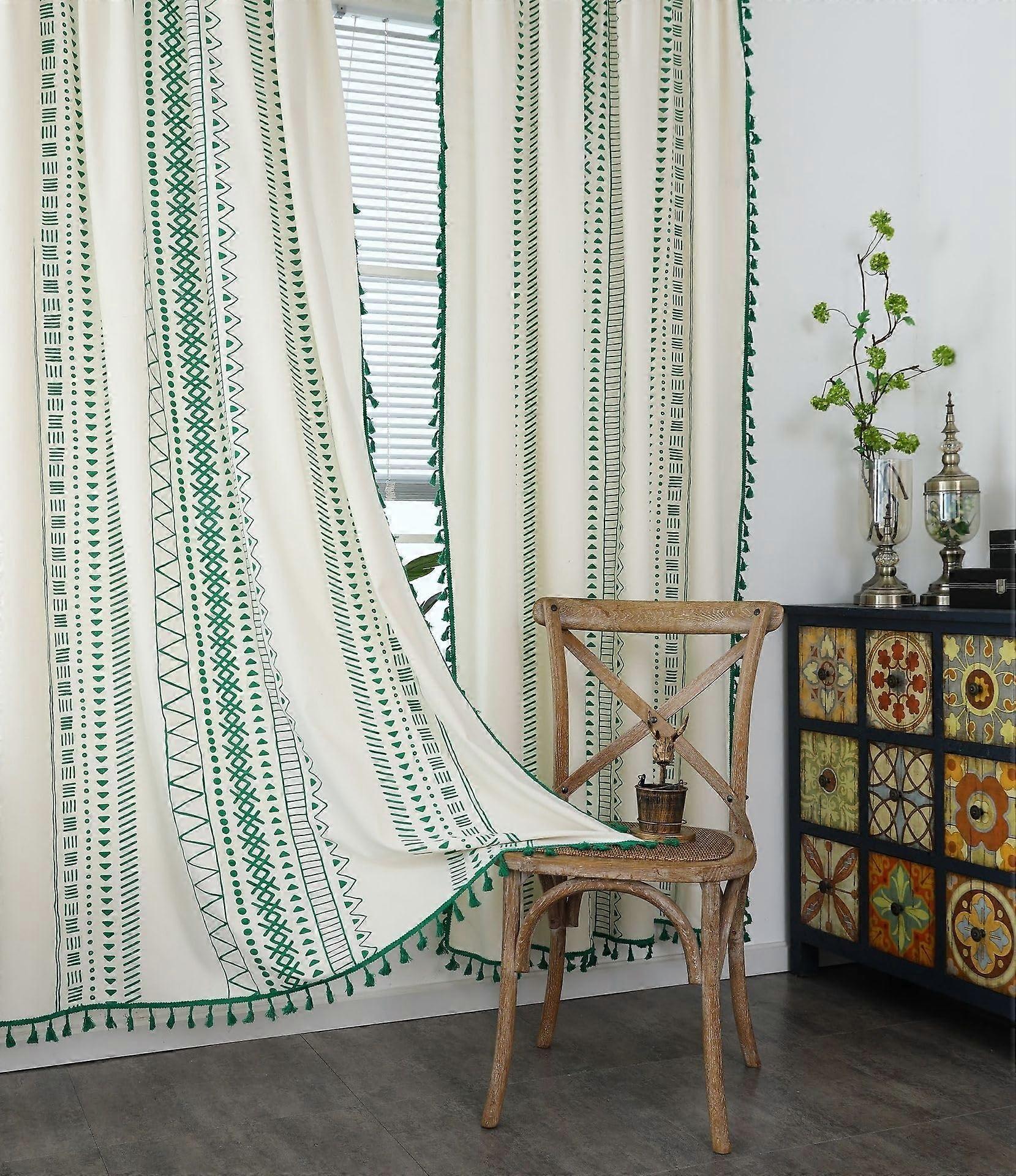 Bohemian Window Curtains with Tassels Green Geometric Cotton Linen Light Filtering Farmhouse Drapes