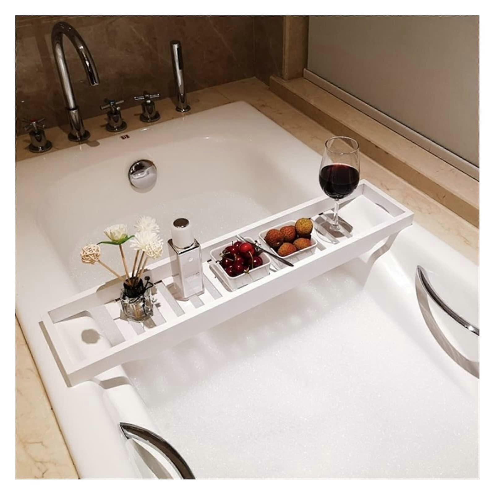 Extendable Bamboo Bathtub Caddy Tray with Book Tablet and Wine Holder for Spa Bath (White)
