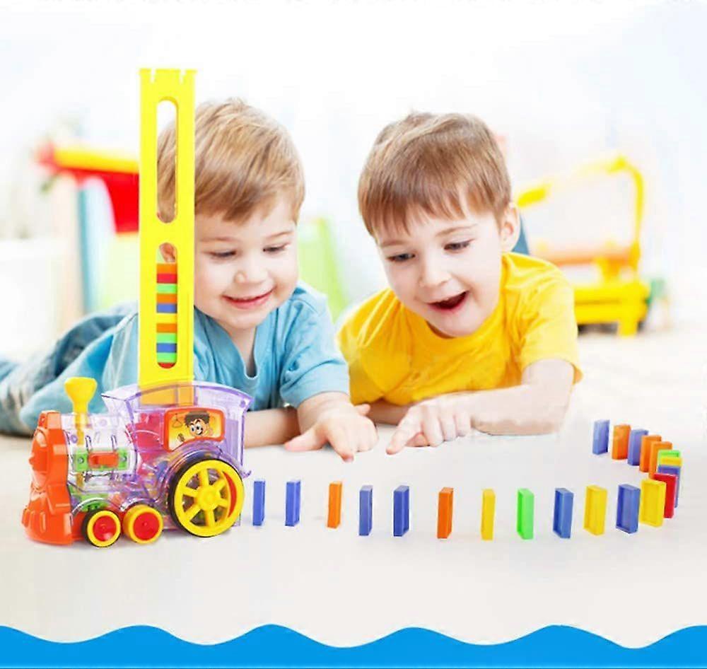 Domino Train Toy Set, Rally Electric Train Model with Light and Sound, 63pcs Colorful Domino Game Building Blocks Car Truck Vehicle Stacking Toy for C