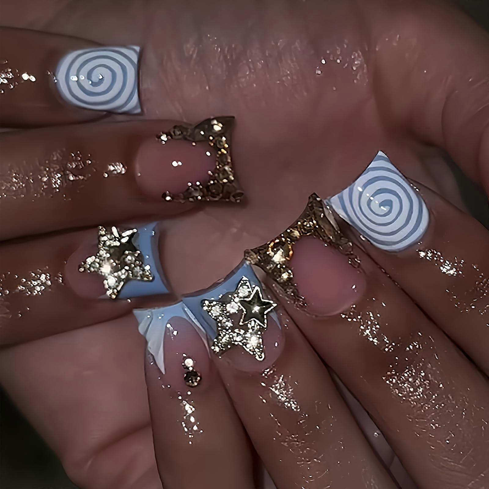 Short Blue French Tip Press On Nails with 3D Gold Rhinestones Soft Gel Reusable 24pcs Set