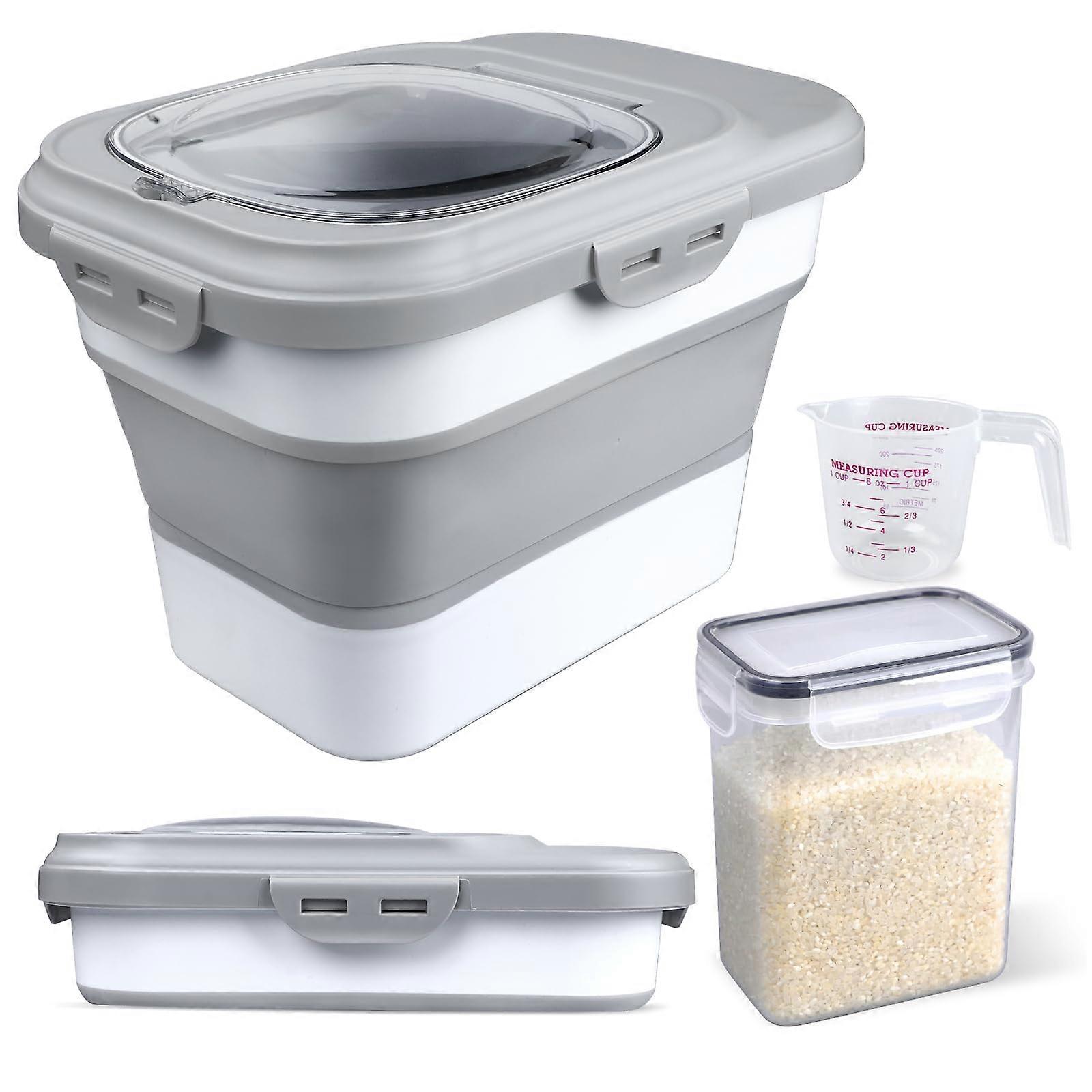 Collapsible Airtight Rice Storage Container with Measuring Cup, Large Pet Food Bin 620L White