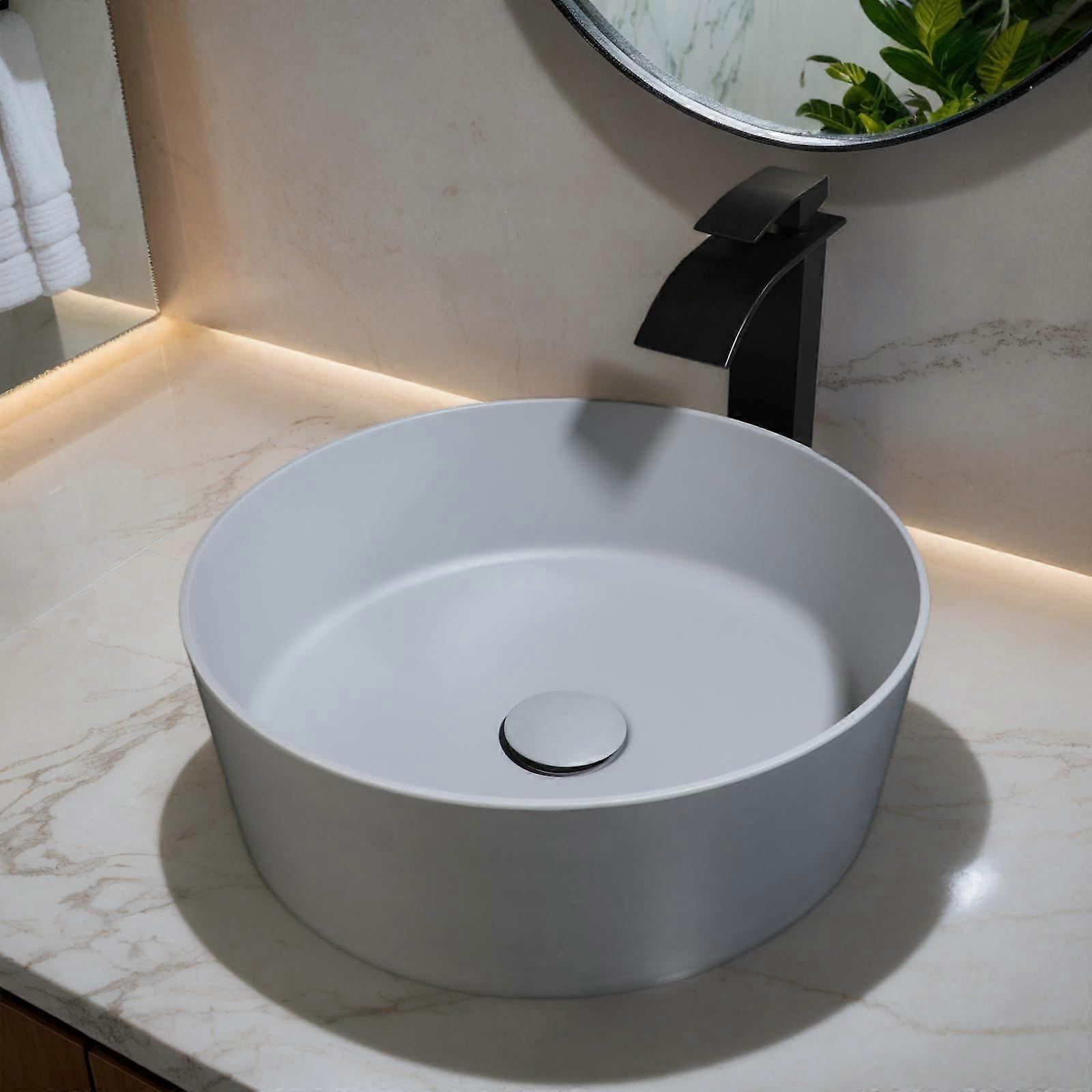Grey Stone Resin Vessel Sink 13 Inch Round Above Counter Bathroom Basin with PopUp Drain