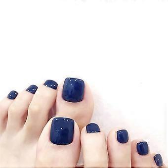 Navy Blue Press On Toenails Short Square Fake Toenails Glossy Acrylic Full Cover 24pcs