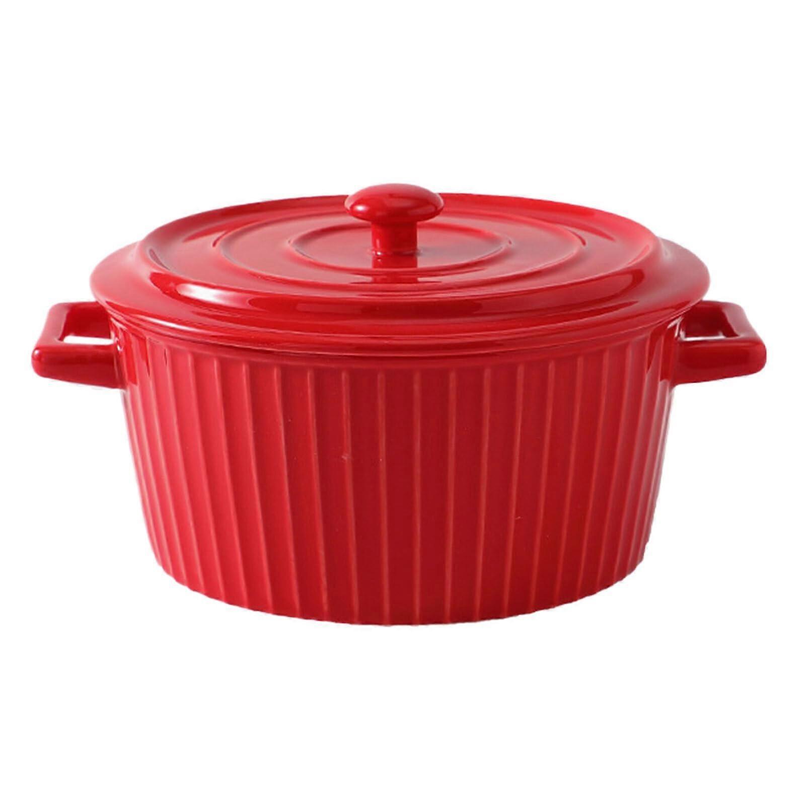Ceramic Soup Bowl with Lid, Microwave Safe Two Ear AntiScald Thickened Red Tableware