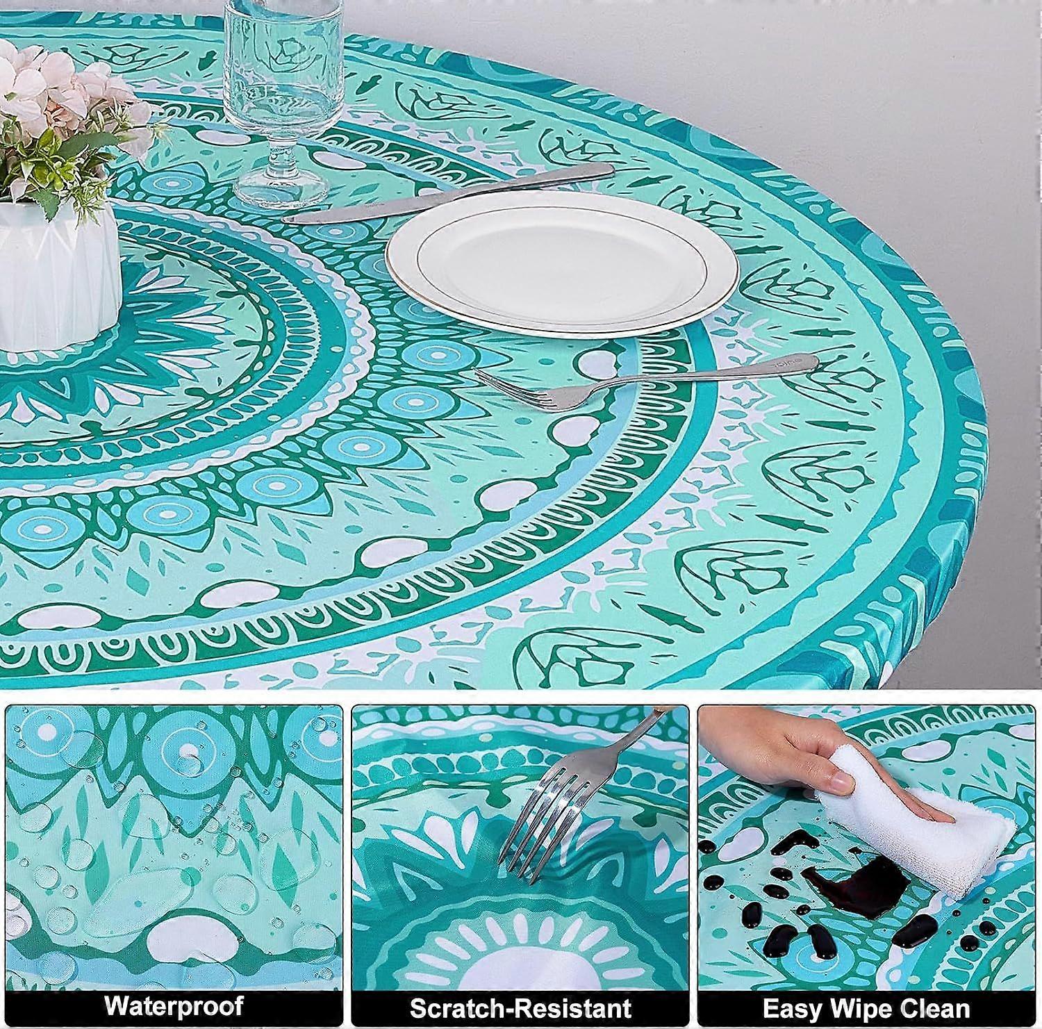 Round Tablecloth Fitted Elastic Table Cover Waterproof Table Cloth for Dinner,