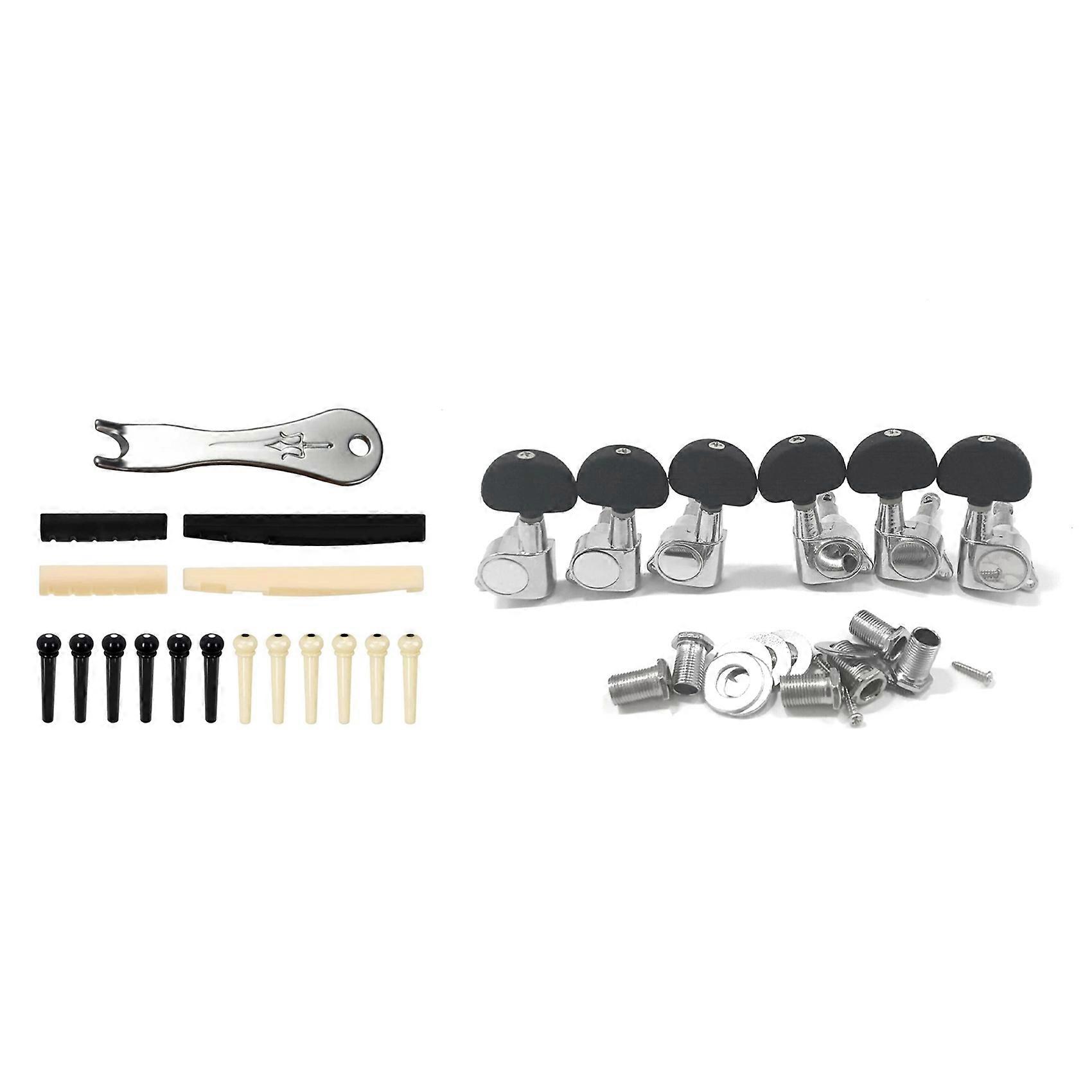 1 Set Guitar Bridge Pins Puller Pulling Remover Extractor Tool & 1 Set Guitar String Tuning Key Pegs/Machine Head Knobs