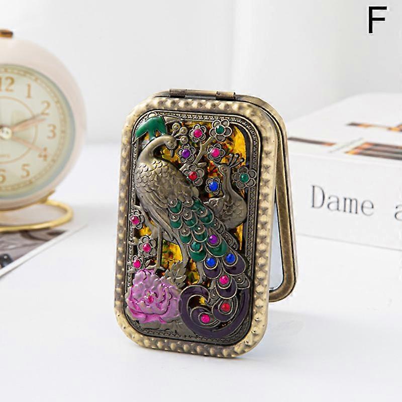 Foldable Retro Handheld Makeup Mirror Peacock Printed Compact Pocket Mirror Double Sided Rectangular Makeup Dressing Mirror