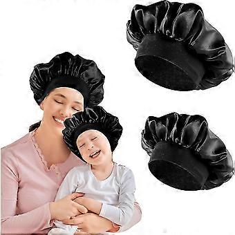 2 piezas de satén gorra de noche, gorro de satén pelo noche padre-hijo elástico reutilizable nocturna (negro)