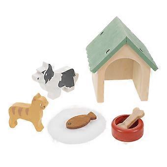1 conjunto de casinha de cachorro em miniatura com tigela e comida - acessórios para móveis de casa de bonecas, conjunto de casinha de madeira para animais de estimação, decoração de jardim, enfeites