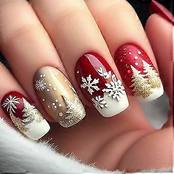 Christmas Press On Nails Coffin Shape with Glitter Snowflake and Xmas Tree Design, 24PCS Full Cover Acrylic Fake Nails Kit