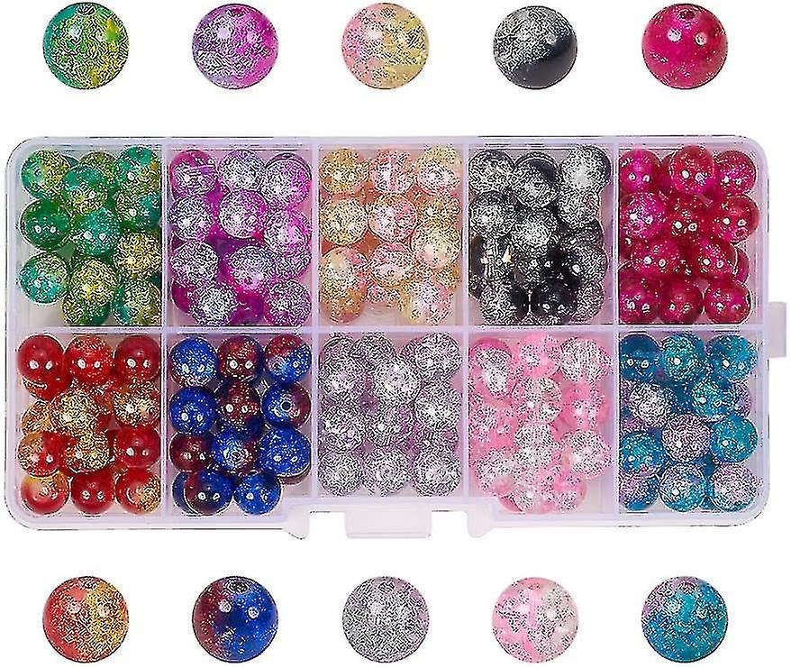 100pcs 10 Color Crackle Glass Beads 10mm Handcrafted Lampwork Round Crystal Beads Bulk For Summer Beading Friendship Bracelet Mother's Day Jewelry Mak