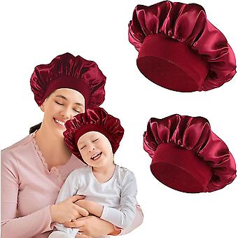 2 Stück Satin Nachtmütze, Satin Haube Haar Nacht Eltern-Kind Wiederverwendbare elastische Nacht (Wein Rot)