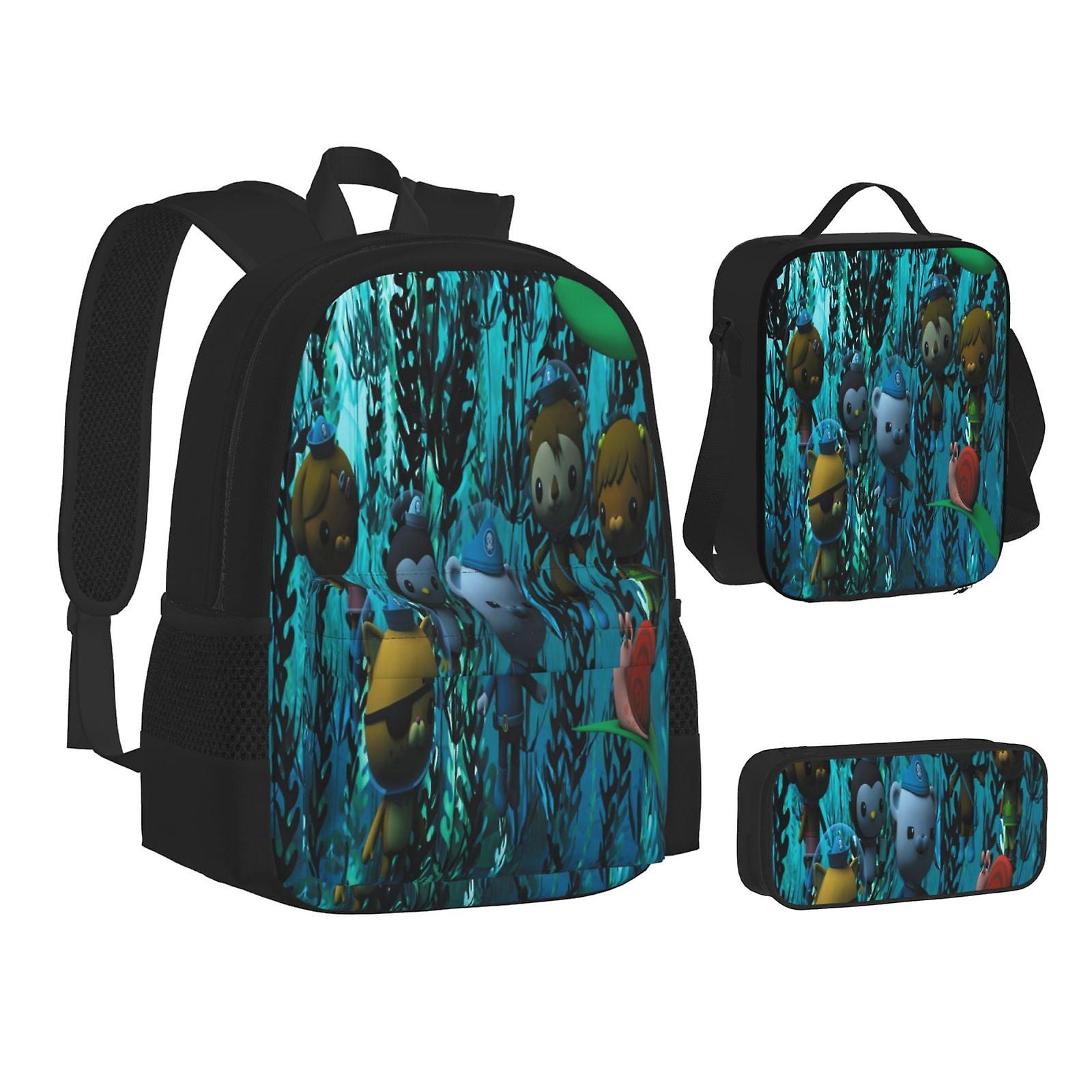 The Octonauts Cartoon 3 قطع حقيبة ظهر مدرسية خفيفة الوزن حقيبة كتب مدرسية حقيبة قلم رصاص حقيبة نهارية كبيرة