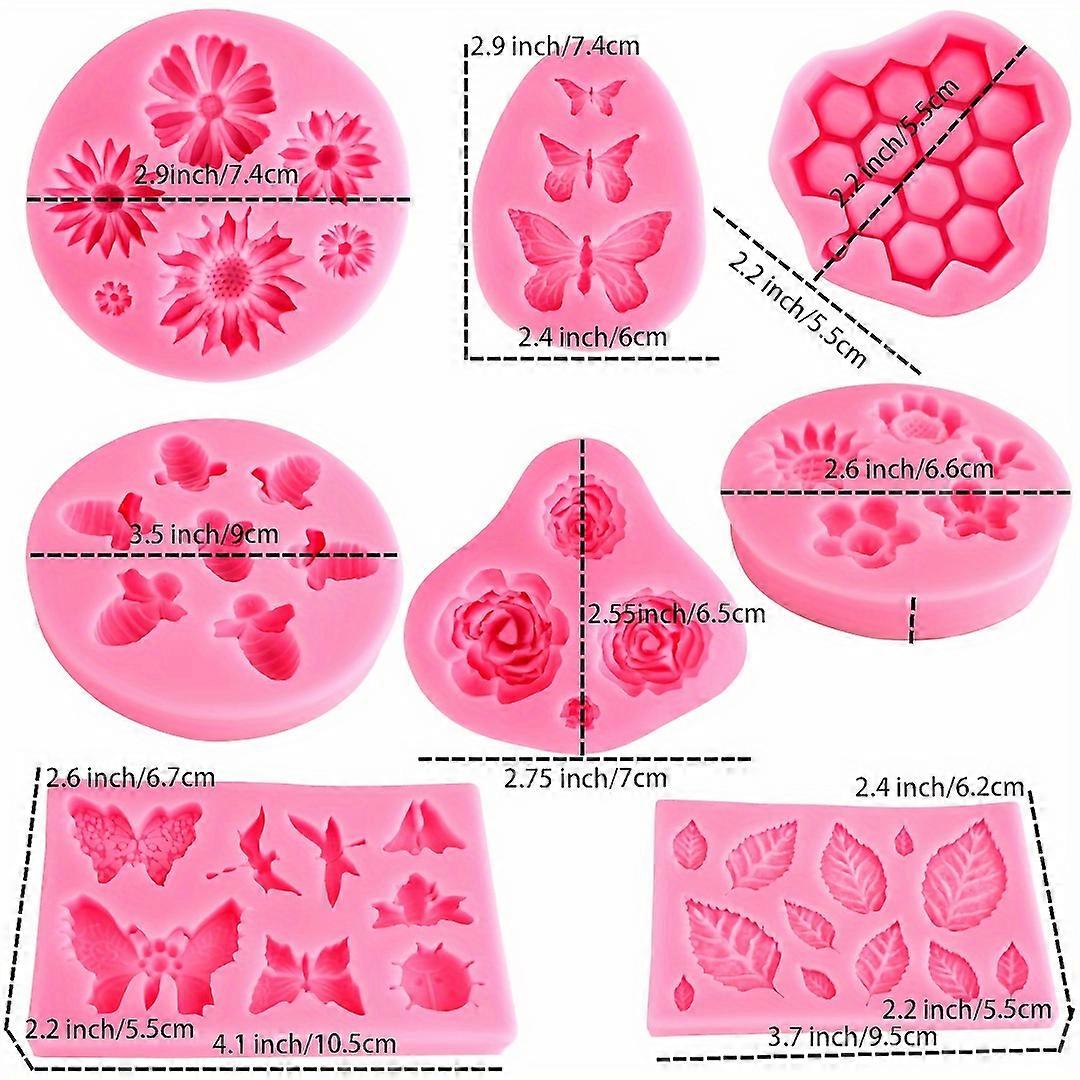 8pcs Flower Chocolate Fondant Silicone Mold Polymer Clay Candy Gummy Baking Mold, Rose Leaf Butterfly Bee Honey Shaped Silicone Molds For DIY Cake Cup