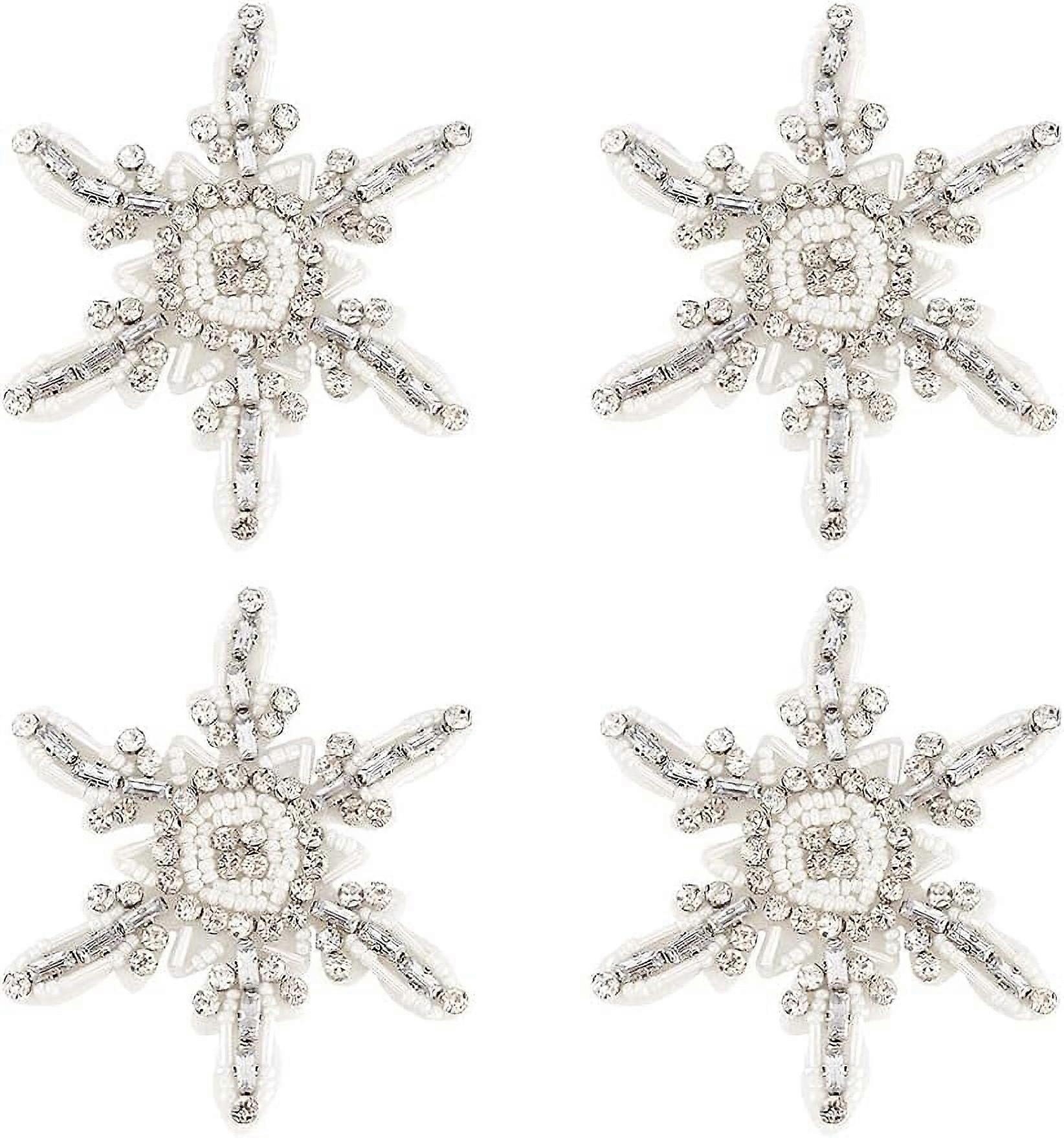 4 Pcs Snowflake Rhinestone Beaded Patches Sew on White Snowflake Glass Rhinestone Appliques Cloth Handicraft Beaded Applique Patches Arts Crafts DIY D