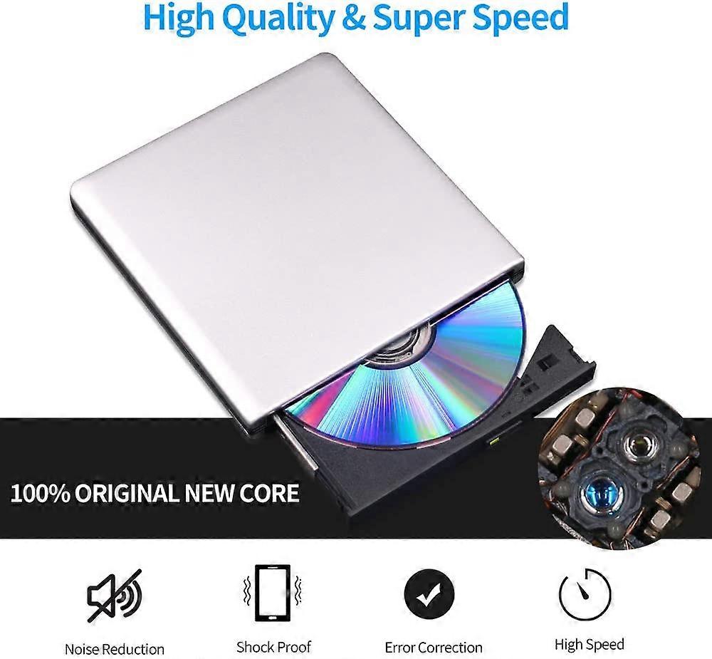 External DVD Drive 3D, USB 2.0 and Type-C Bluray CD DVD Reader Slim Optical Portable Drive for MacBook OS Windows xp/7/8/10, Laptop PC (Silver-Grey)
