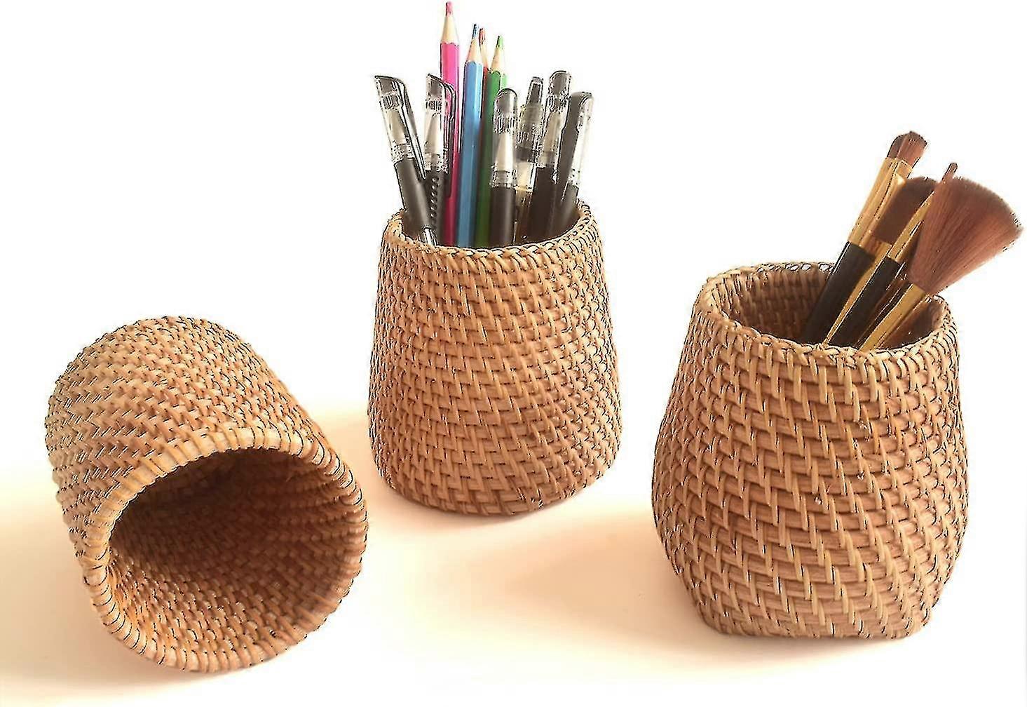 Porte-brosse de maquillage fait à la mainport de crayon pour bureau, tasse de stylo en rotin (cylindre)